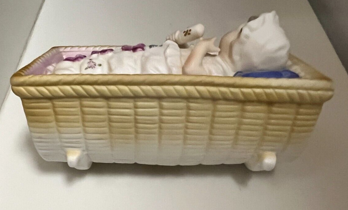 Antique Piano Baby Bisque Porcelain Heubach Girl In Rocking Cradle 6.25”