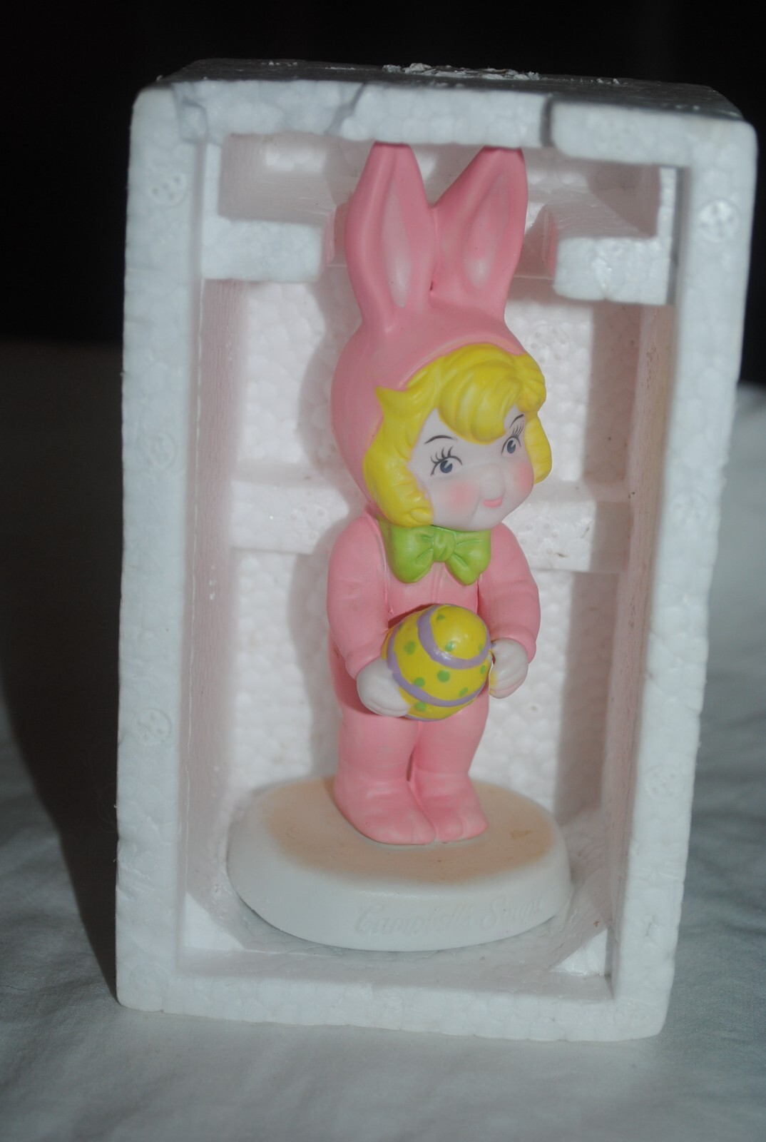 Campbell Soup Kids ceramic figurine, girl in pink bunny rabbit suit, Easter