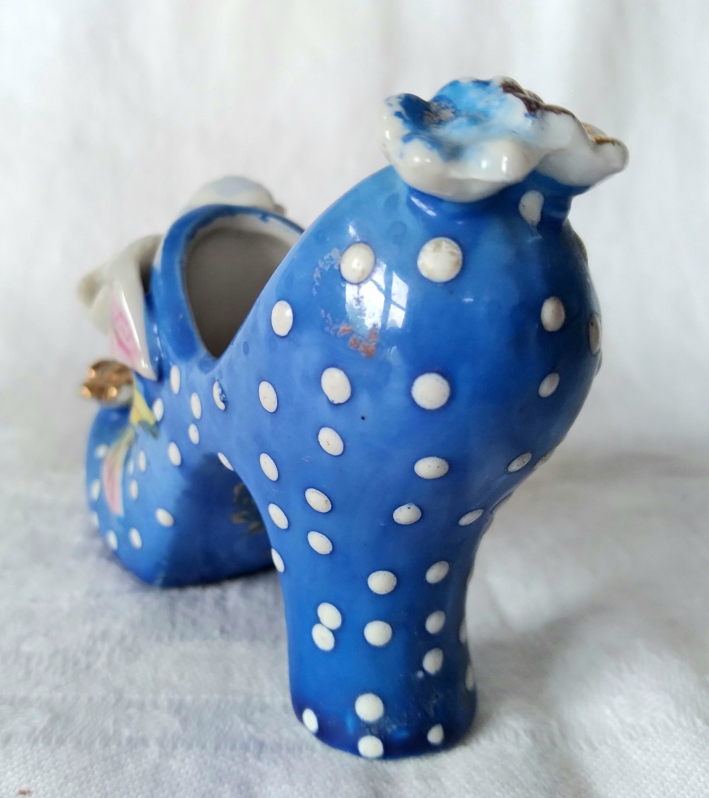 Vintage Bright Blue Polka Dot High Heel Shoe Hand Painted Leaf Flower Gold Japan
