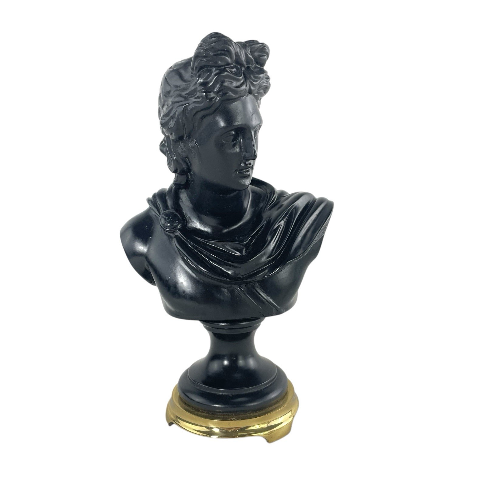 Greek God Apollo Resin Ebony Bust w/Brass Metal Base Figurative Sculpture