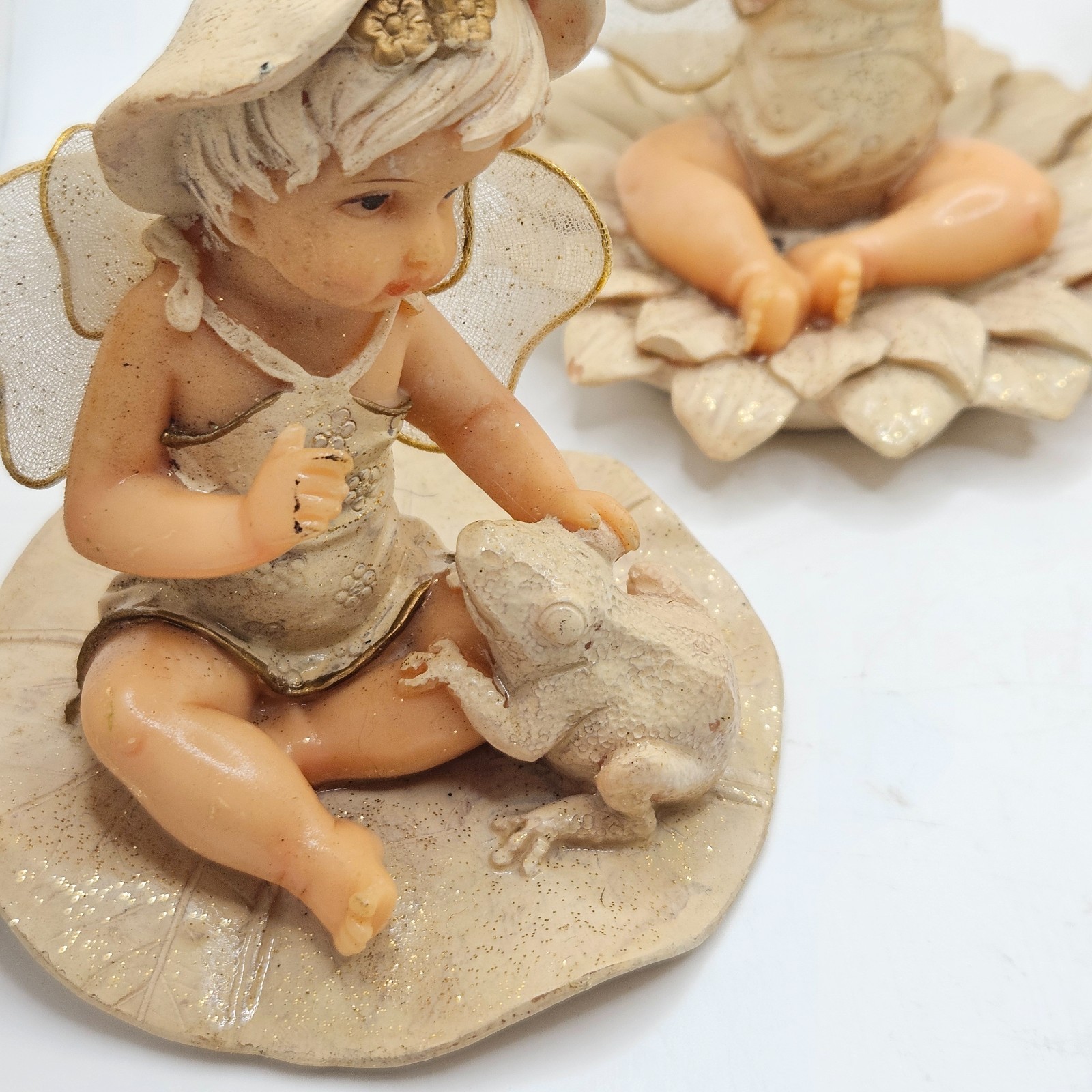 Vintage Pixie Fairy Baby Figurine Set Lotus Flower Resin Cottagecore Whimsical