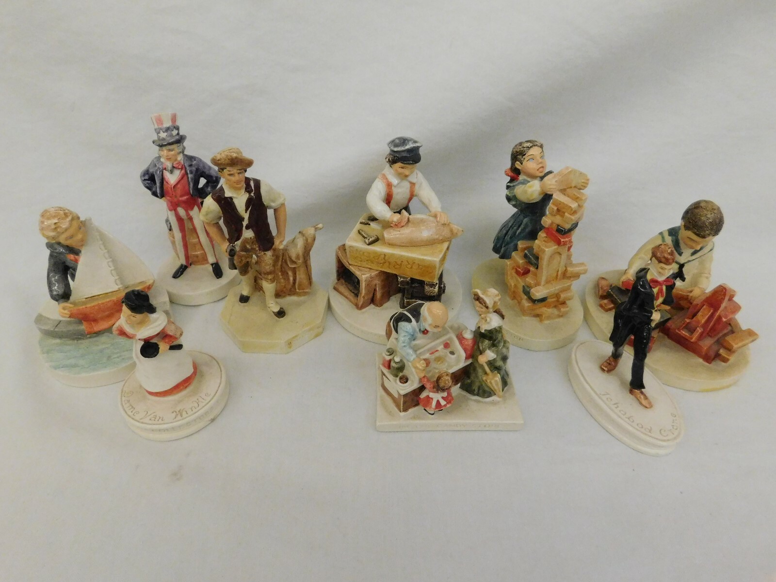SEBASTIAN FIGURINES SET OF 9 MINUTEMAN ICHABOD UNCLE SAM BLOCKS CARRIAGE BOAT