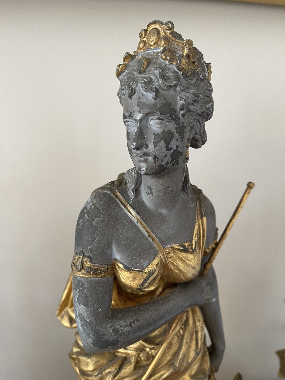 Rare Pair Antique Goddess Aphrodite Diana The Huntress Spelter Statue Lamp