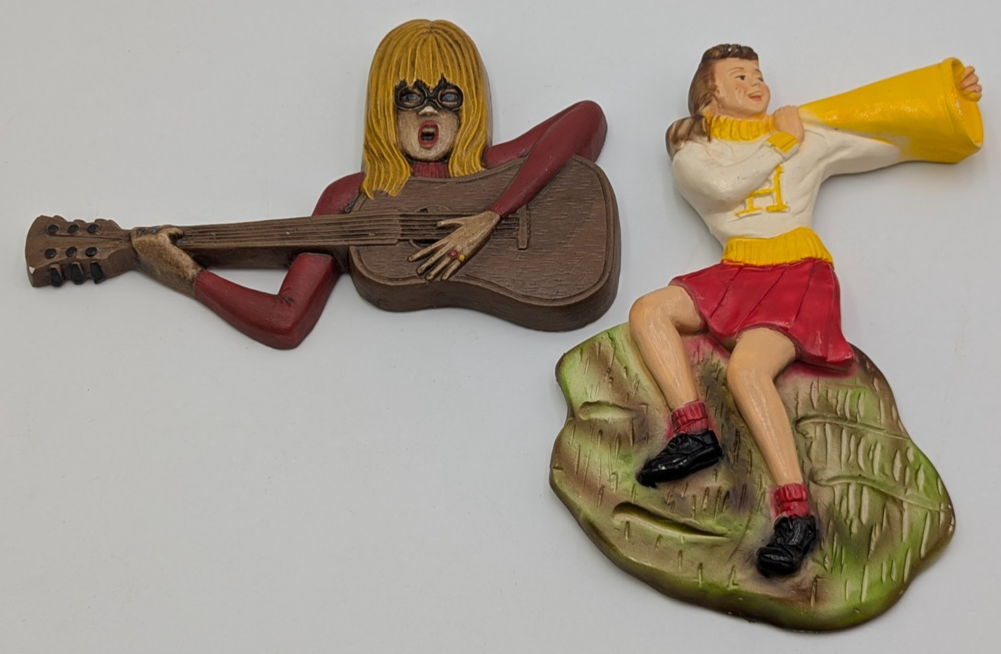 Vintage MCM Chalkware Plaster Guitar Player & Cheerleader Wall Plaque 12″ both