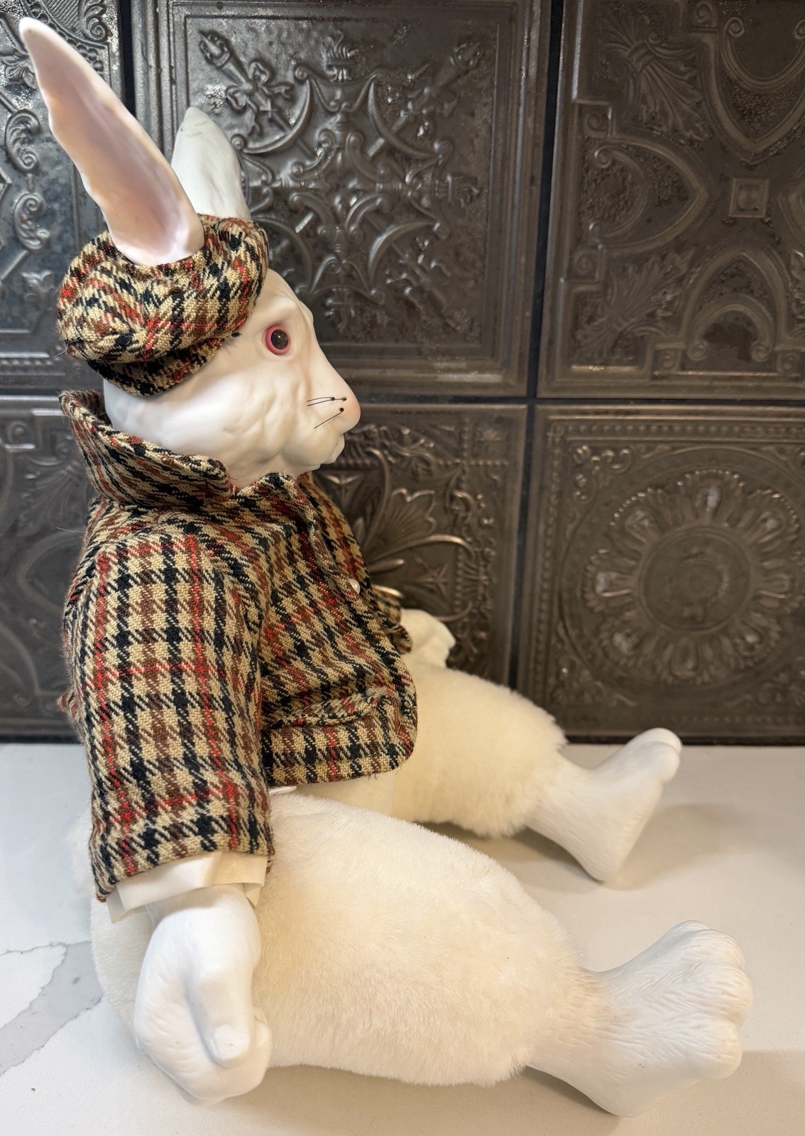 Vintage ANCO White Rabbit Porcelain Plush Doll 18″ Gentleman Plaid Seated MINT
