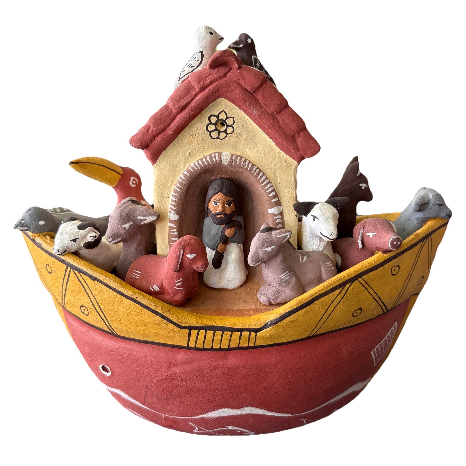 Peruvian Hand Made Noahs Ark Clay Sculpture Religious Folk Art