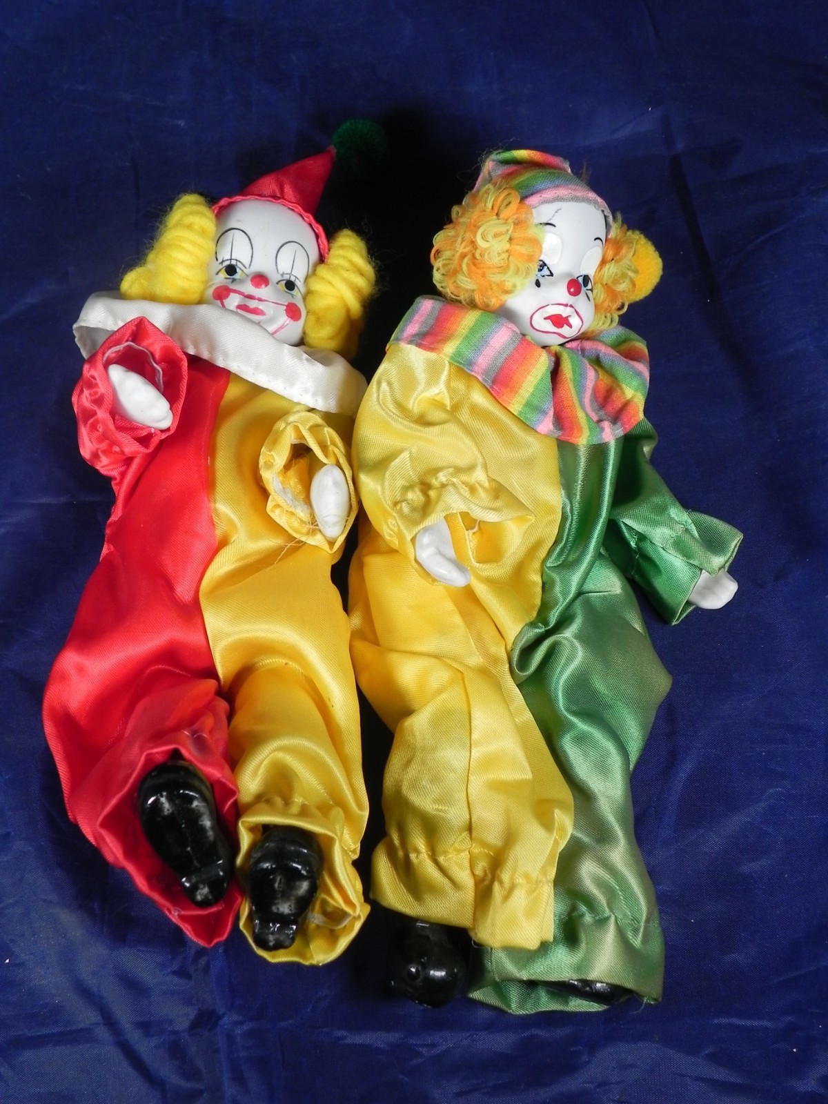 2 Vintage HAPPY CLOWN DOLLS Ceramic Face & Hands 8″, Satin Clothes, Colorful