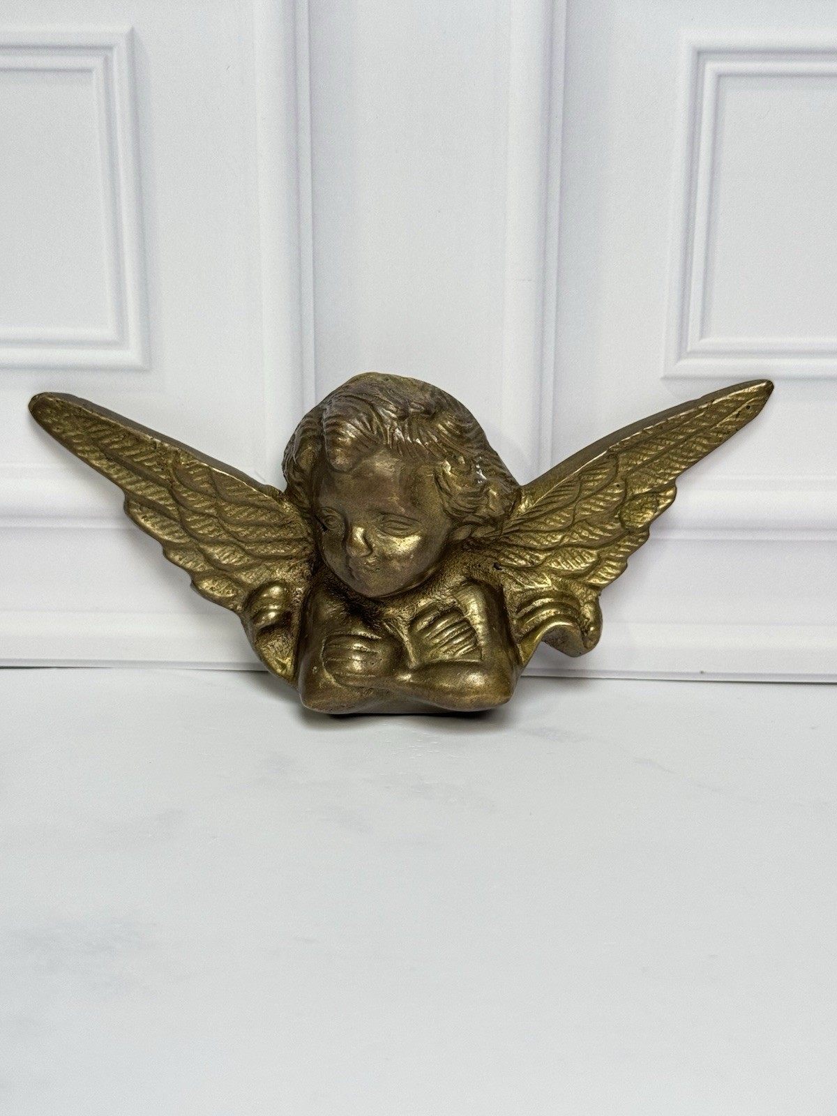 Vintage Brass Angel Cherub Wall Hanging Boudoir Whimsical Sculpture Figurine 5″