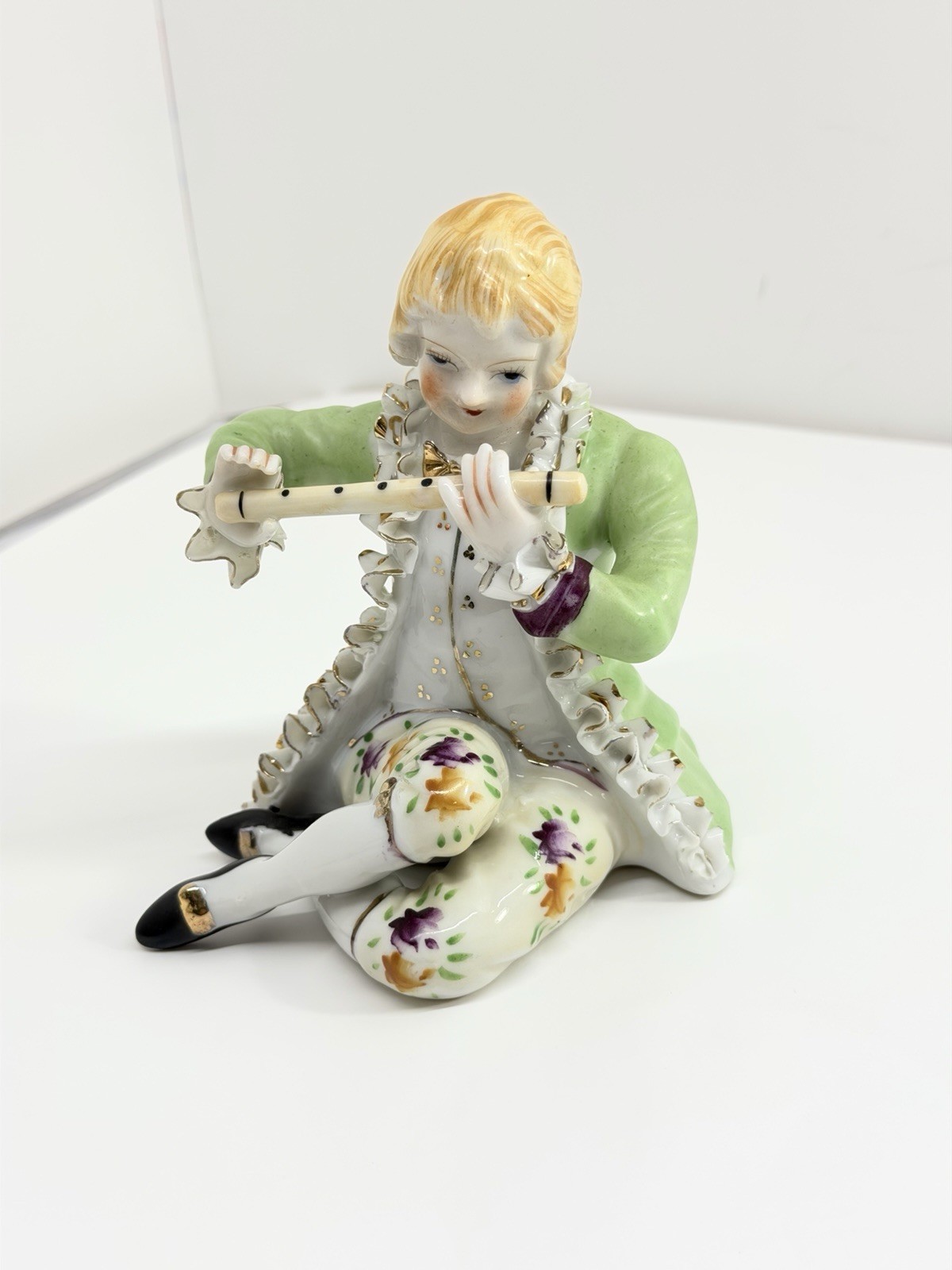 Vintage Made in Japan Porcelain Boy Playing Flute Figurine Green Coat 5” Gold T