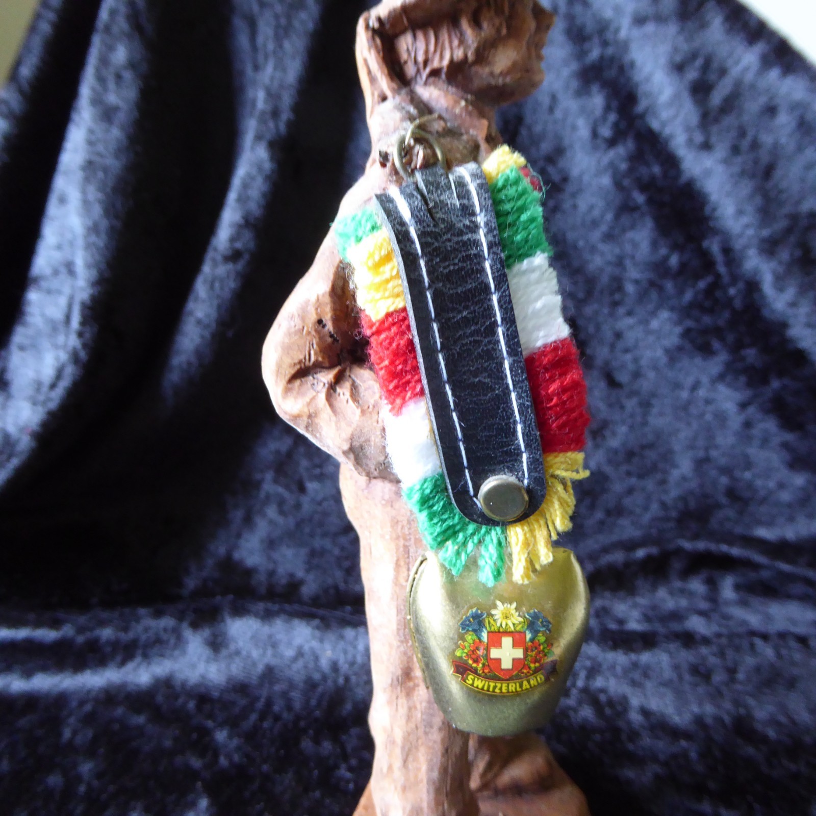 Vintage Hand Carved Wooden Swiss Man Holding Cow Bells Figure 7″ Tall