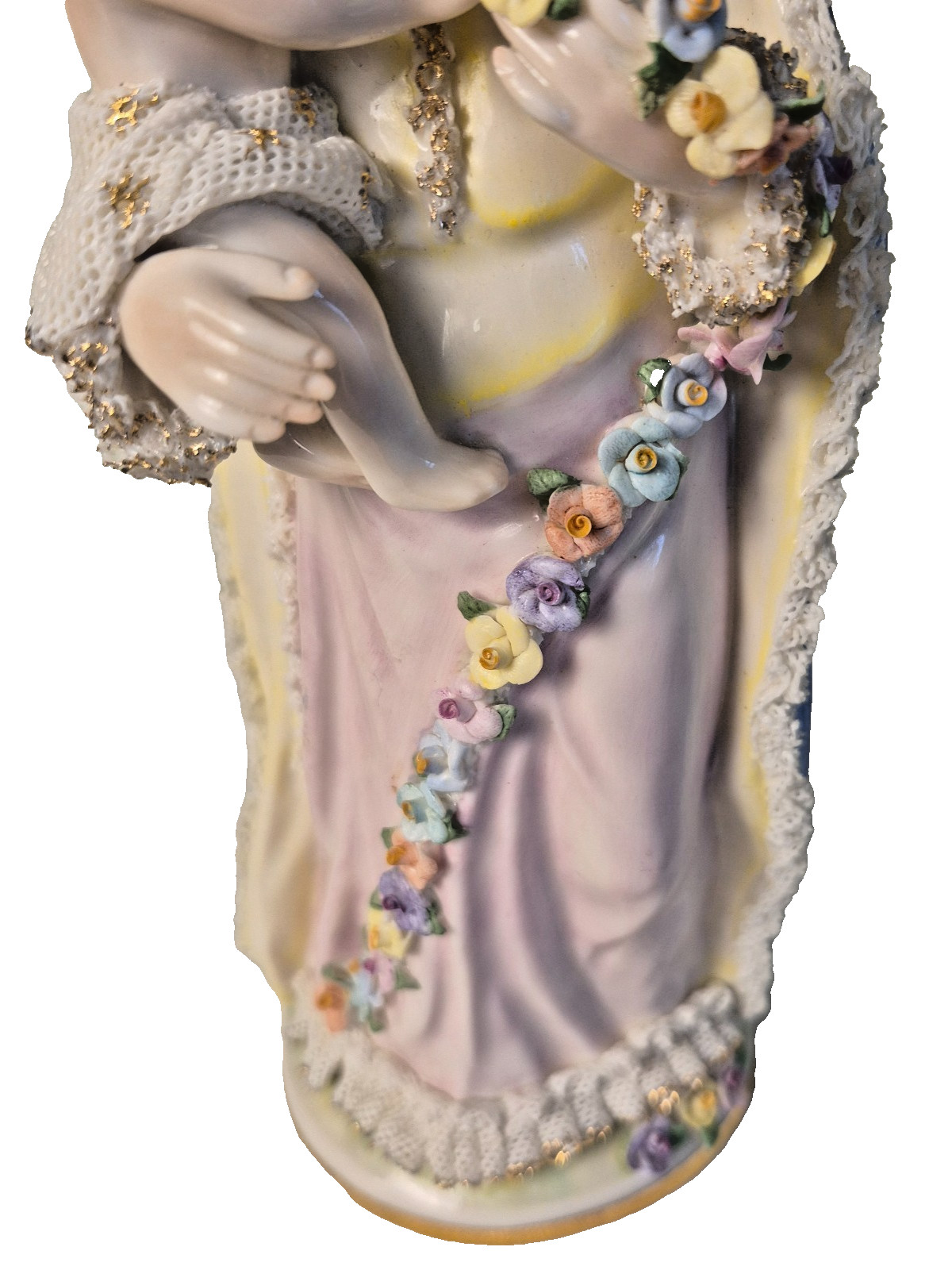 Vtg MZ Irish Dresden Madonna of the Roses Ireland Mary Baby Jesus Figurine