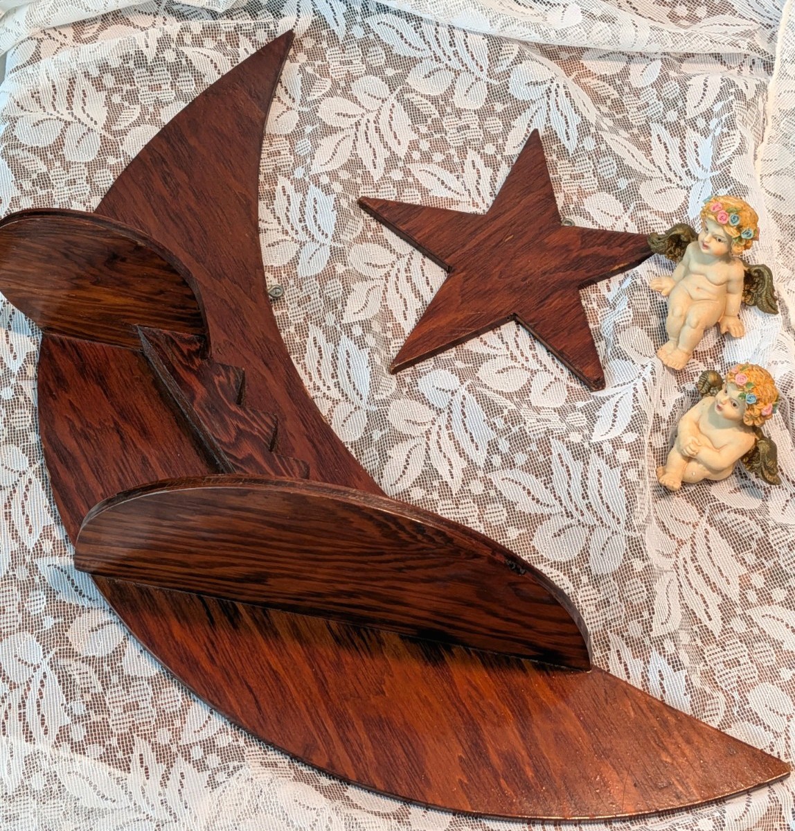 1950’S STAIRWAY TO HEAVEN- Handmade Wall Art- W/ 2 Resin Cherub Shelf Sitters..