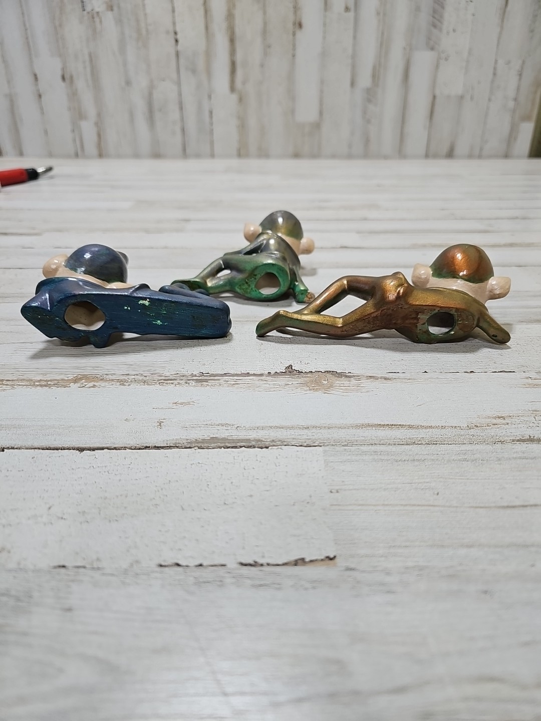 Vintage Ceramic Pixie Elf Figurine Knee Up Pointed Ears MCM Decor Lot Of 3