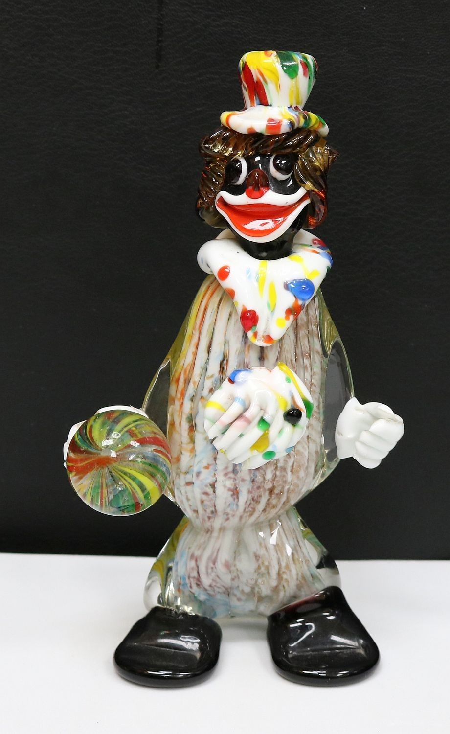 Vintage Glass Clown Murano Italy figurine Clown w/ ball clear w/color top hat