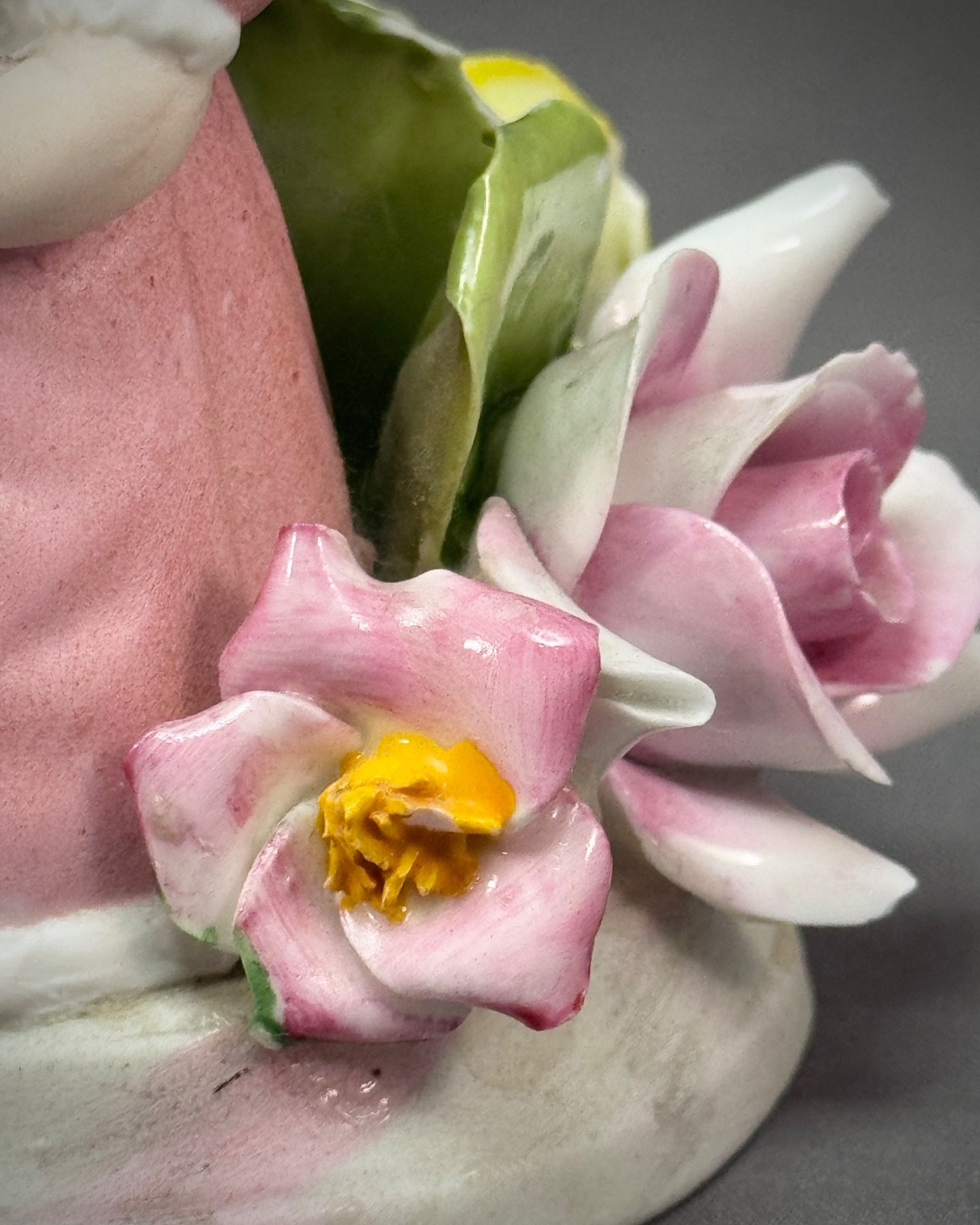 Antique German Bisque Porcelain Figure Girl Pink Dress & Hat Green Bow w Flowers