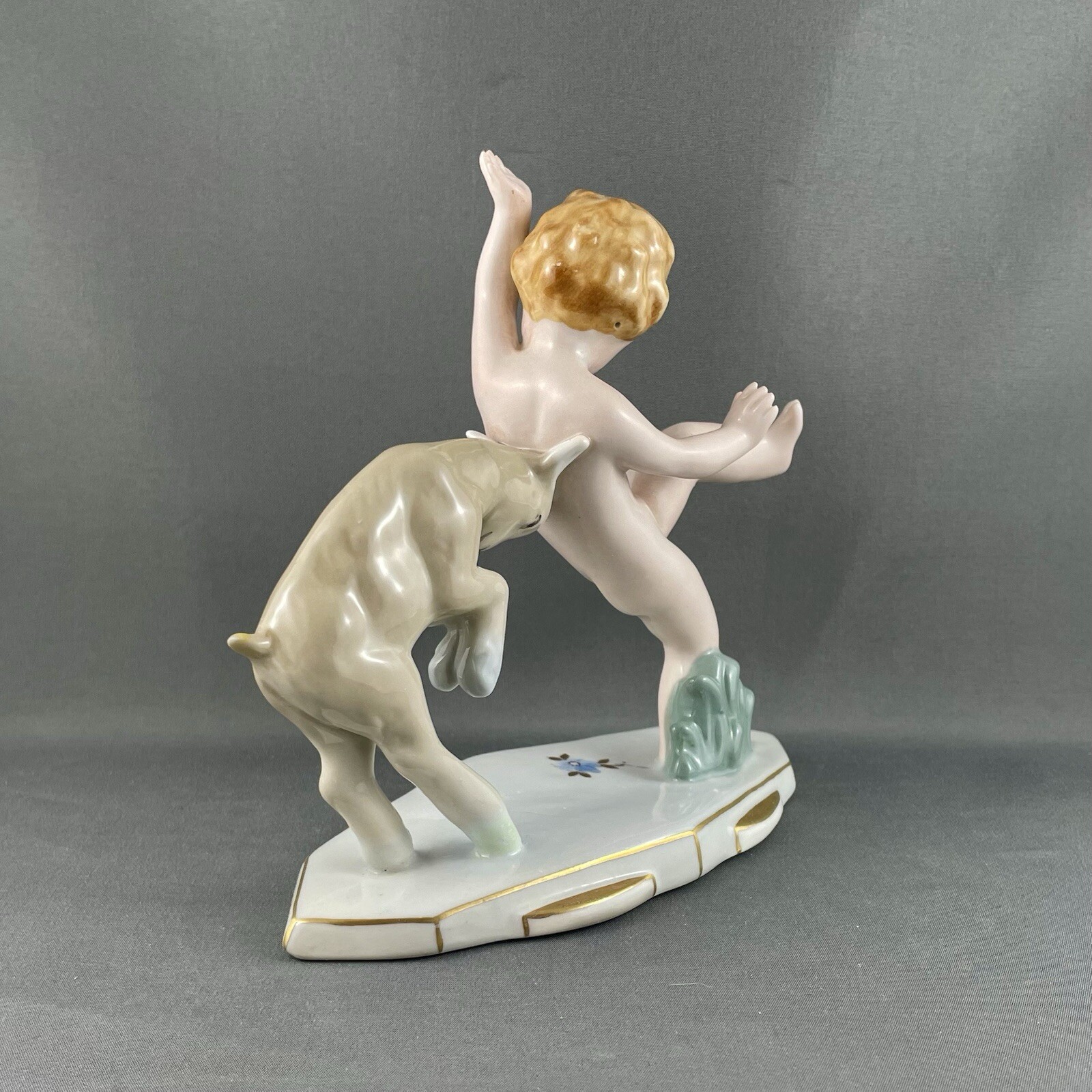 Royal Dux Figurine, Boy, Cherub, Putti with Goat, 6″ L