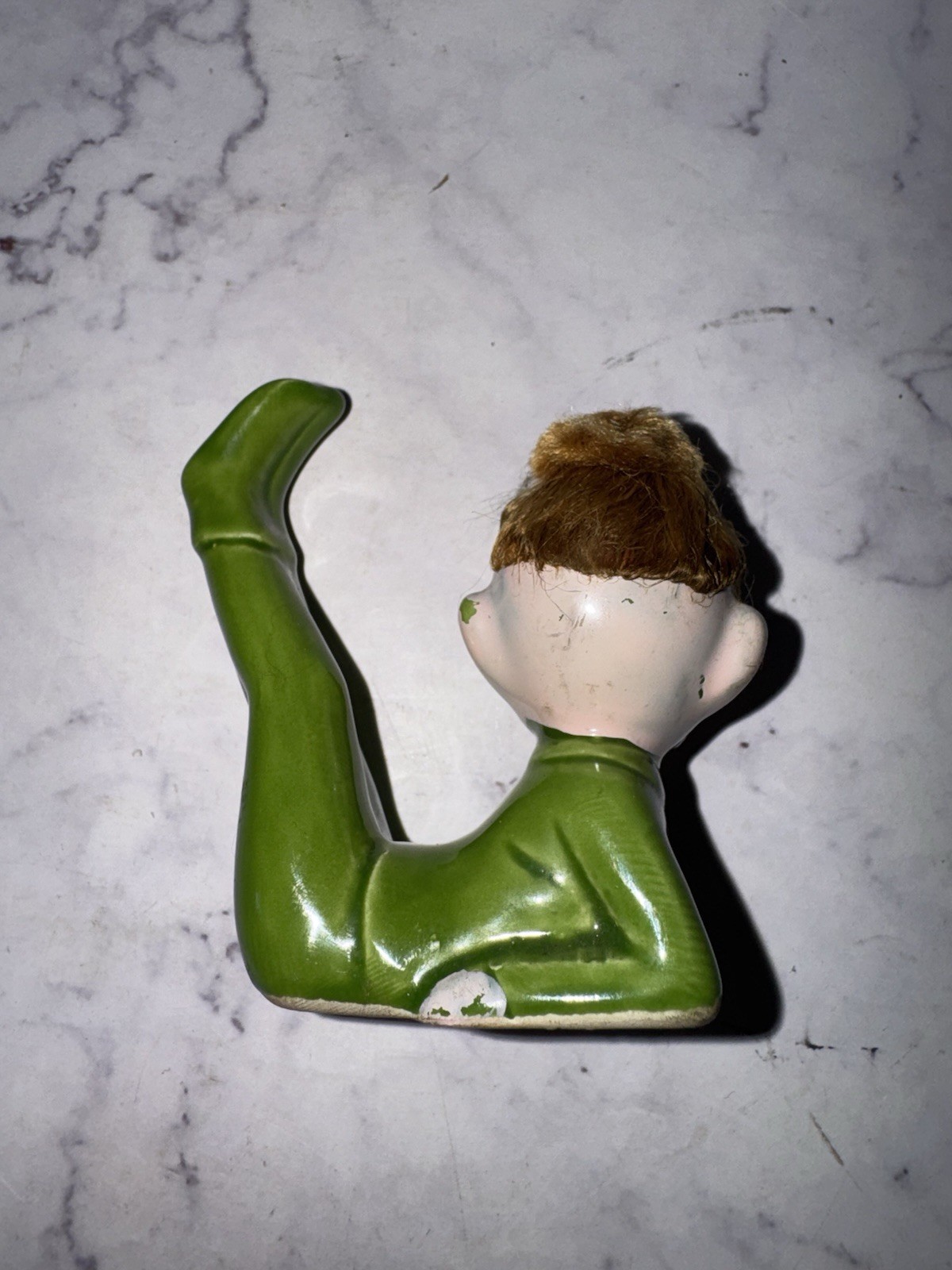 Vintage Green Ceramic Girl Pixie Elf Figurine with Blonde Hair