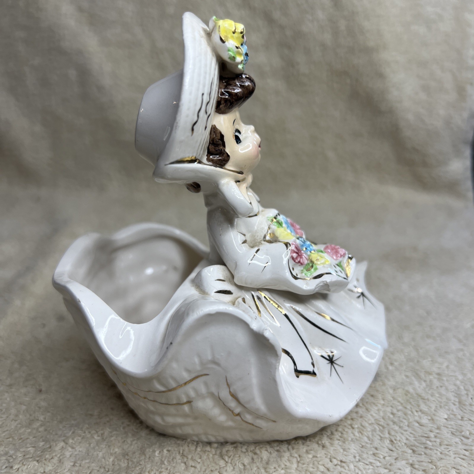 Vintage Arnart Girl Planter with Spring Floral Flower Arrangement /Read