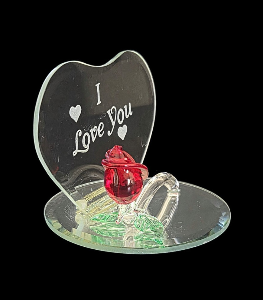 Clear Glass Heart With Crystal Single Stem Red Rose On Mirror Base Figurine