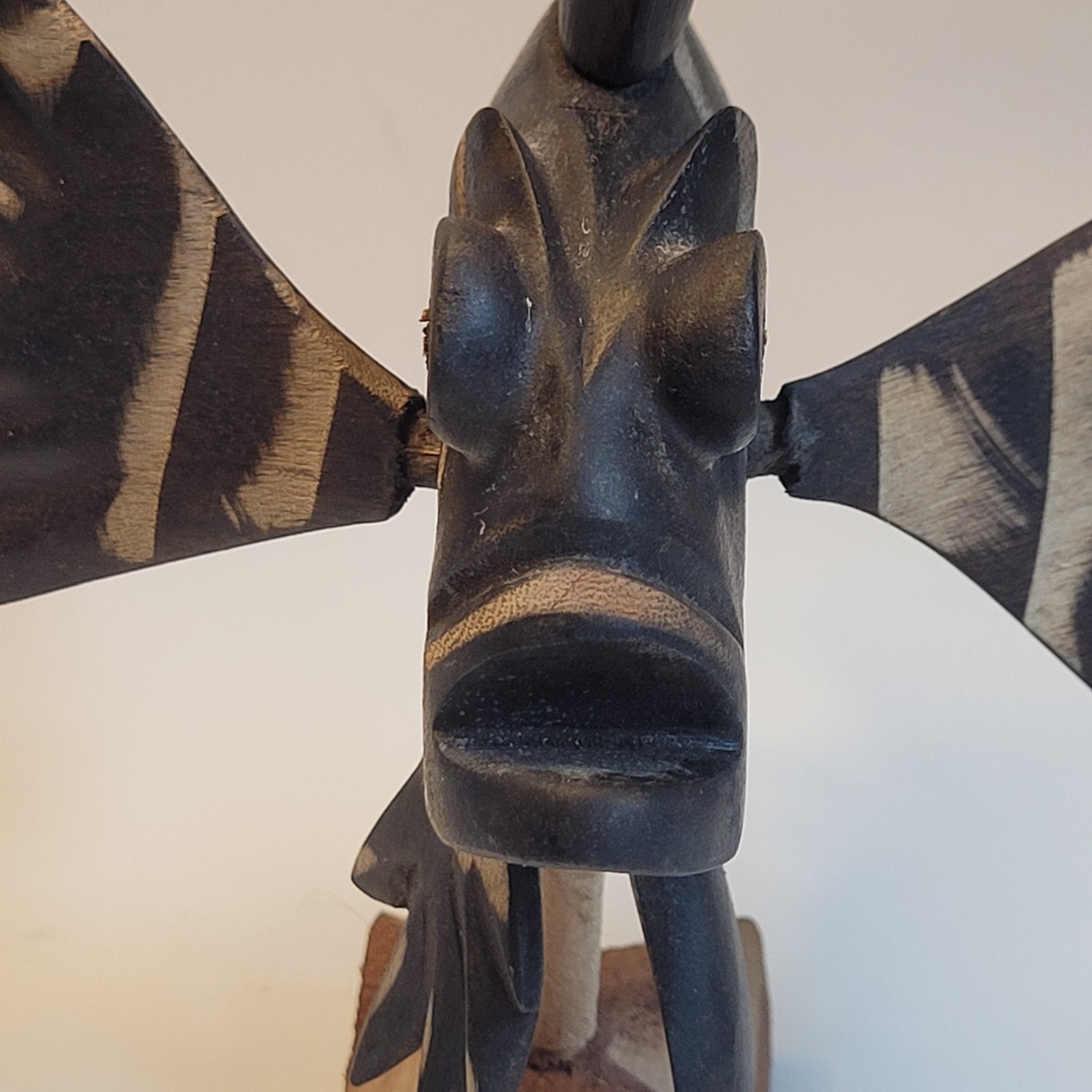 Vtg Lionfish Folk Art Sculpture Wood Carved Dark Stain Zebra Pattern Description