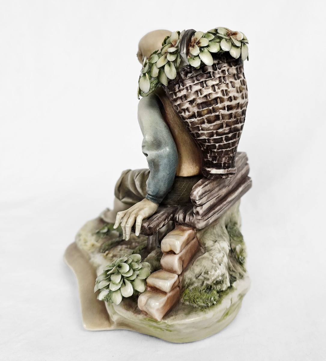 6″ Rare Vintage Borsato Seated Man w/ Flower Basket Figurine Italy c.1970s-1980s