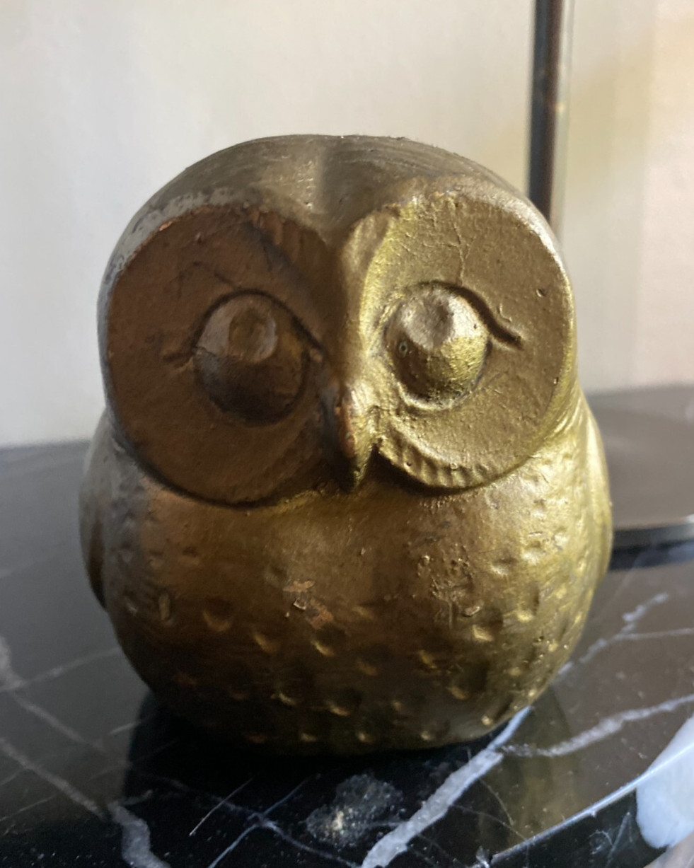 Mid Century Modern Owl Figurine Vintage Pottery Chalkware Gold Leaf Home Decor