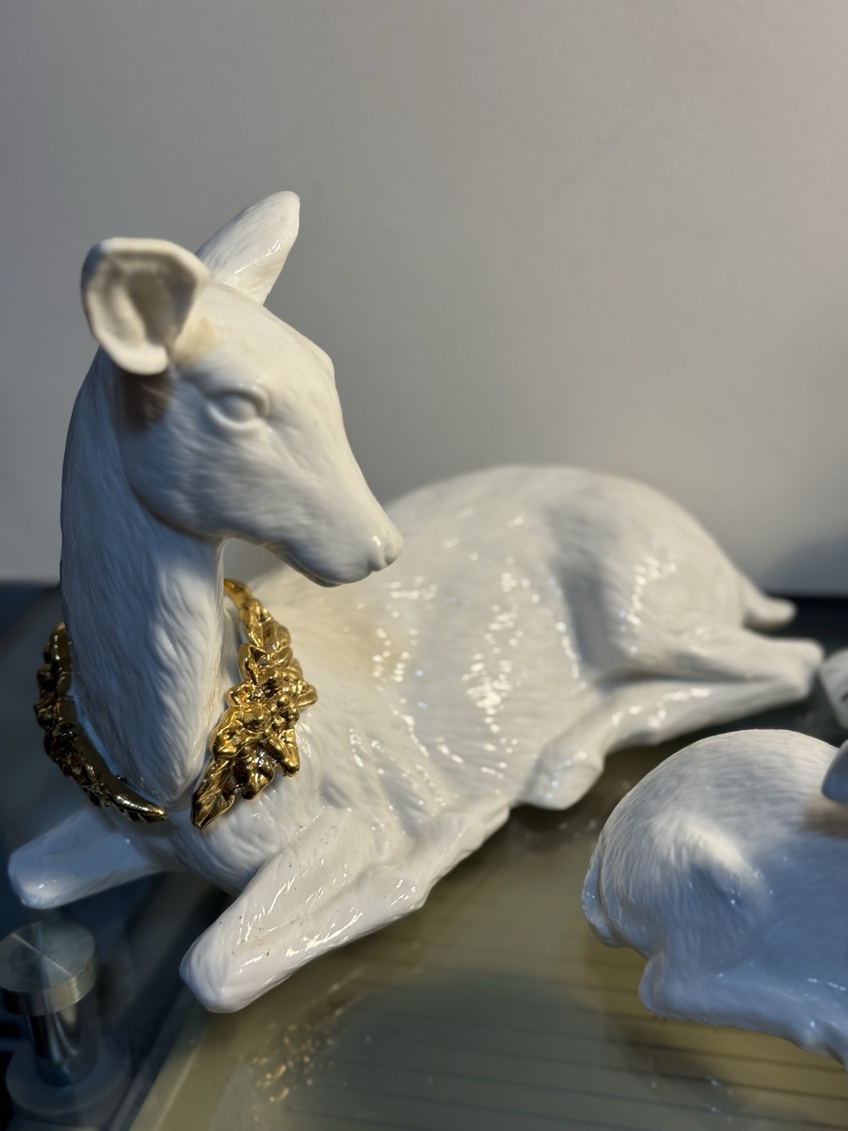 THREE PIECE WHITE PORCELAIN DEER FAMILY GOLD ACCENTS Excellent Condition W/ Box