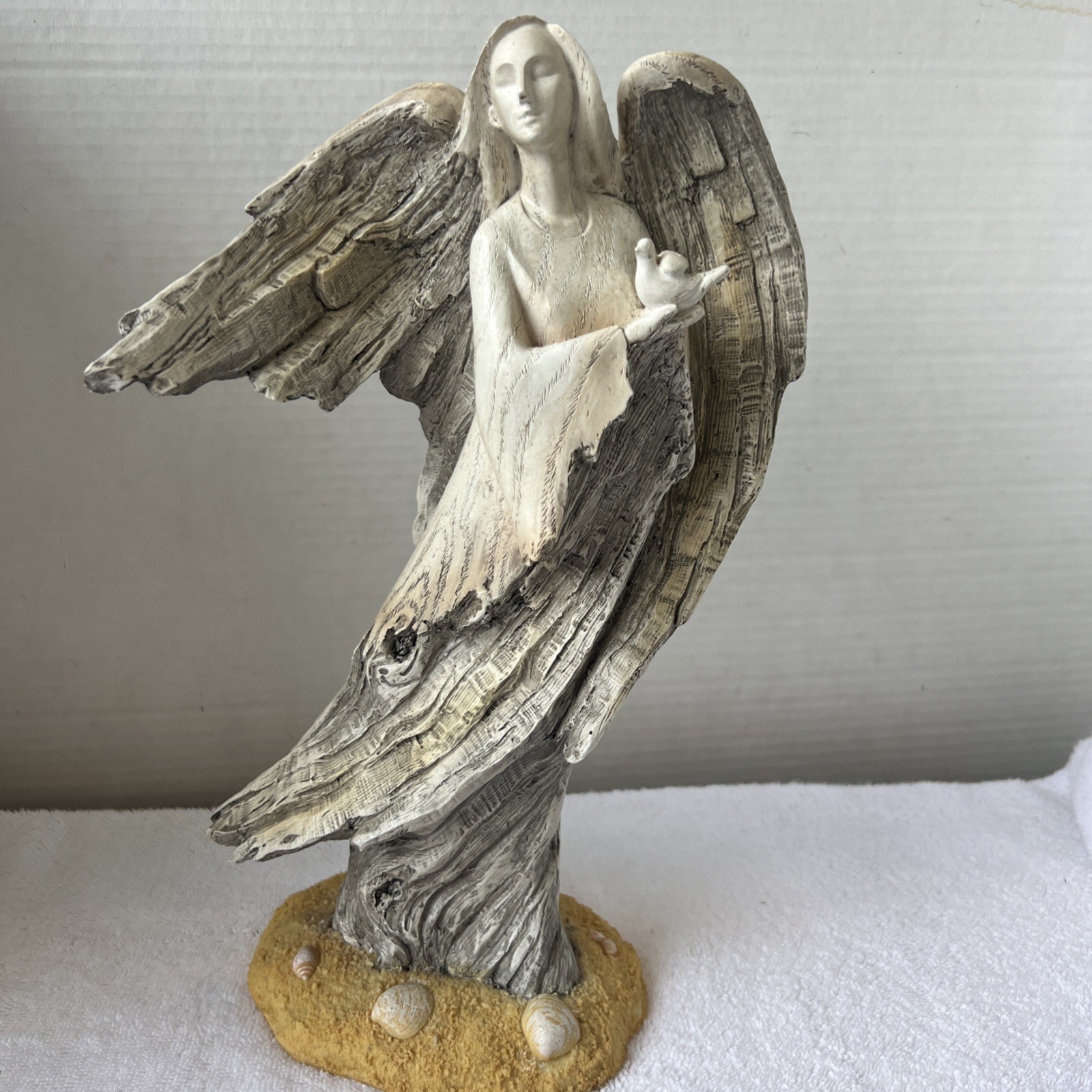 Roman Driftwood Style Textured Angel Holding A Dove. 12” Stunning Estate