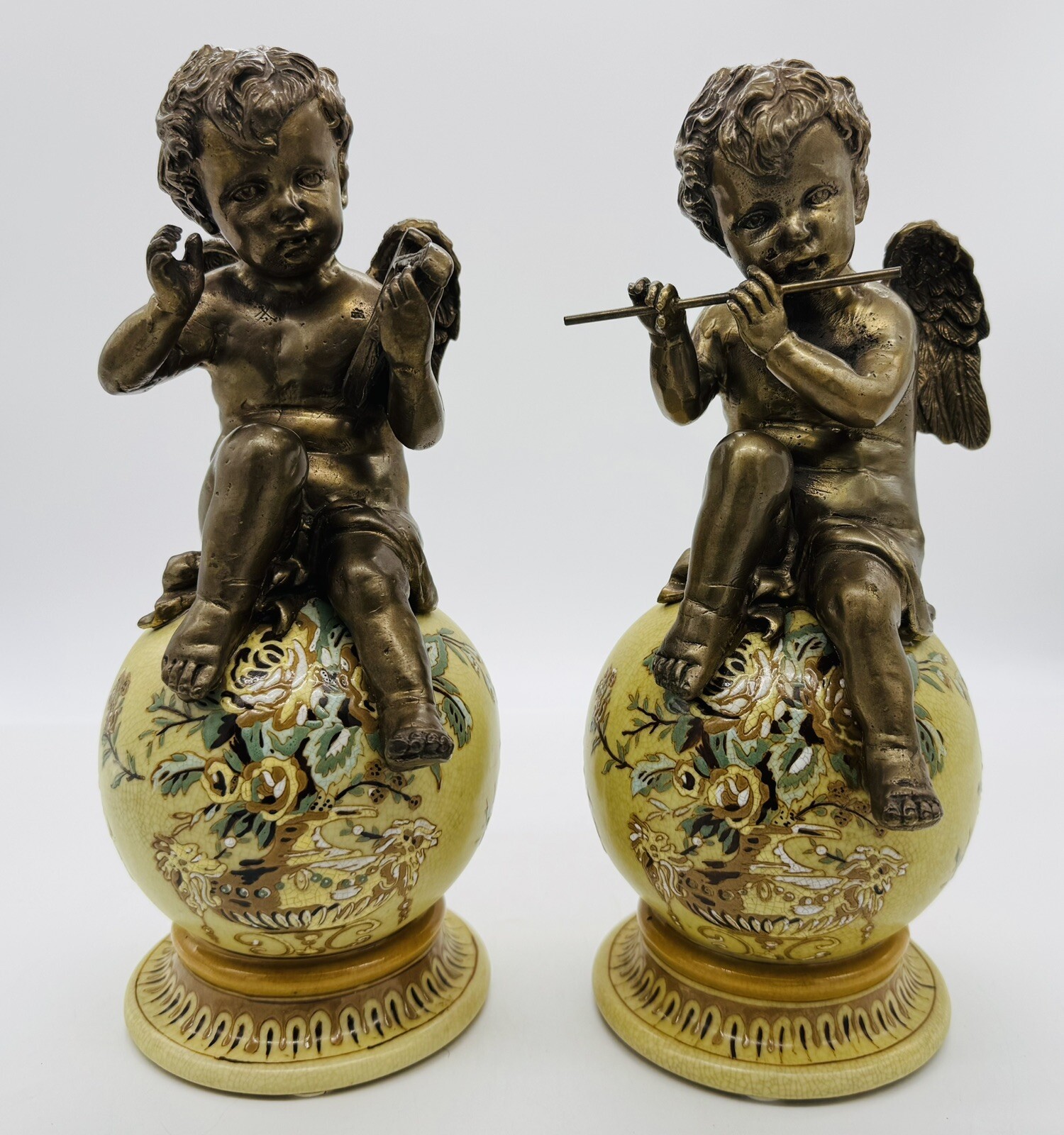 RARE SET Vintage Bronze & Porcelain Putti On Ball Angel Flute & Harp STUNNING..!