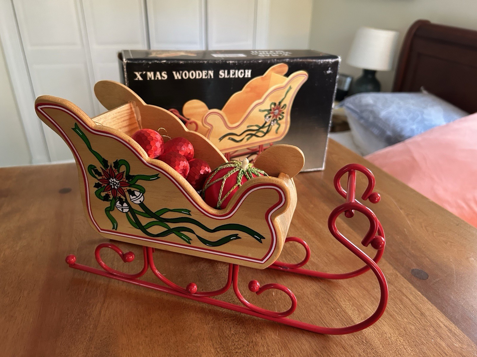 Vintage Wood & Metal Decorative Xmas Sleigh Figurine -11” x 7″ Santa