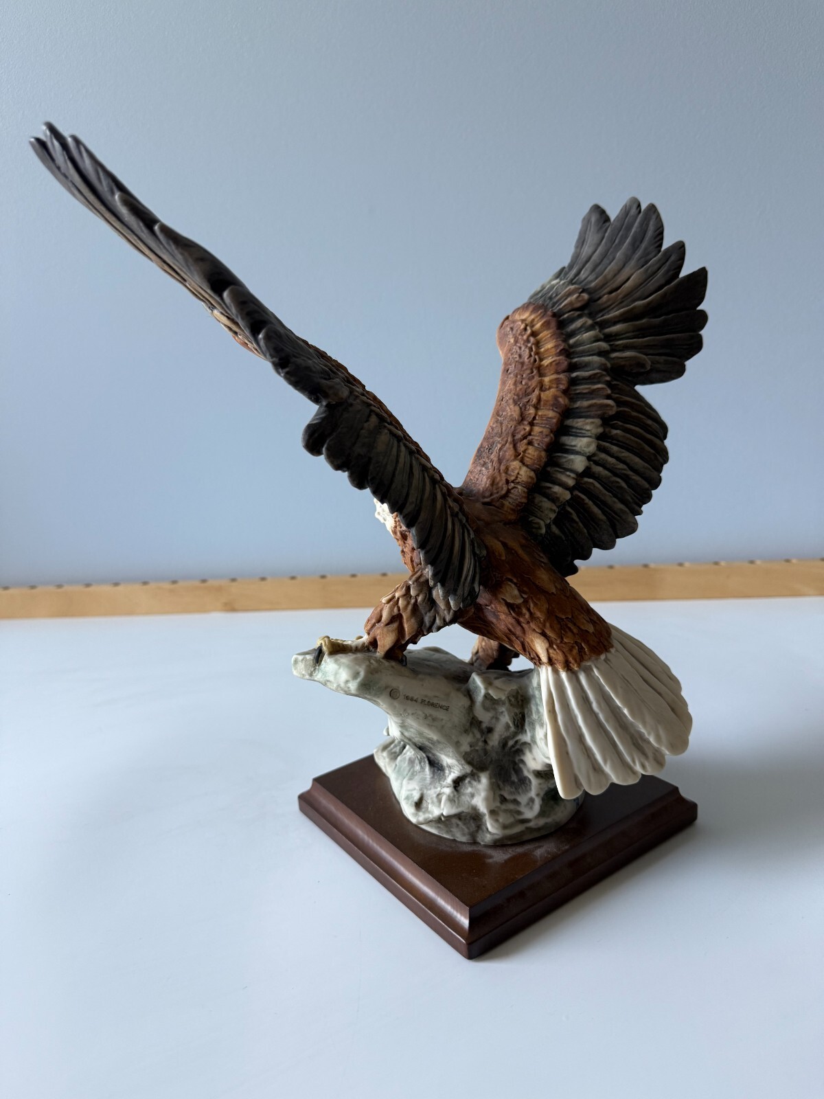 G. Armani Capodimonte Signed Eagle Landing On A Rock Statue w/ Wood Base