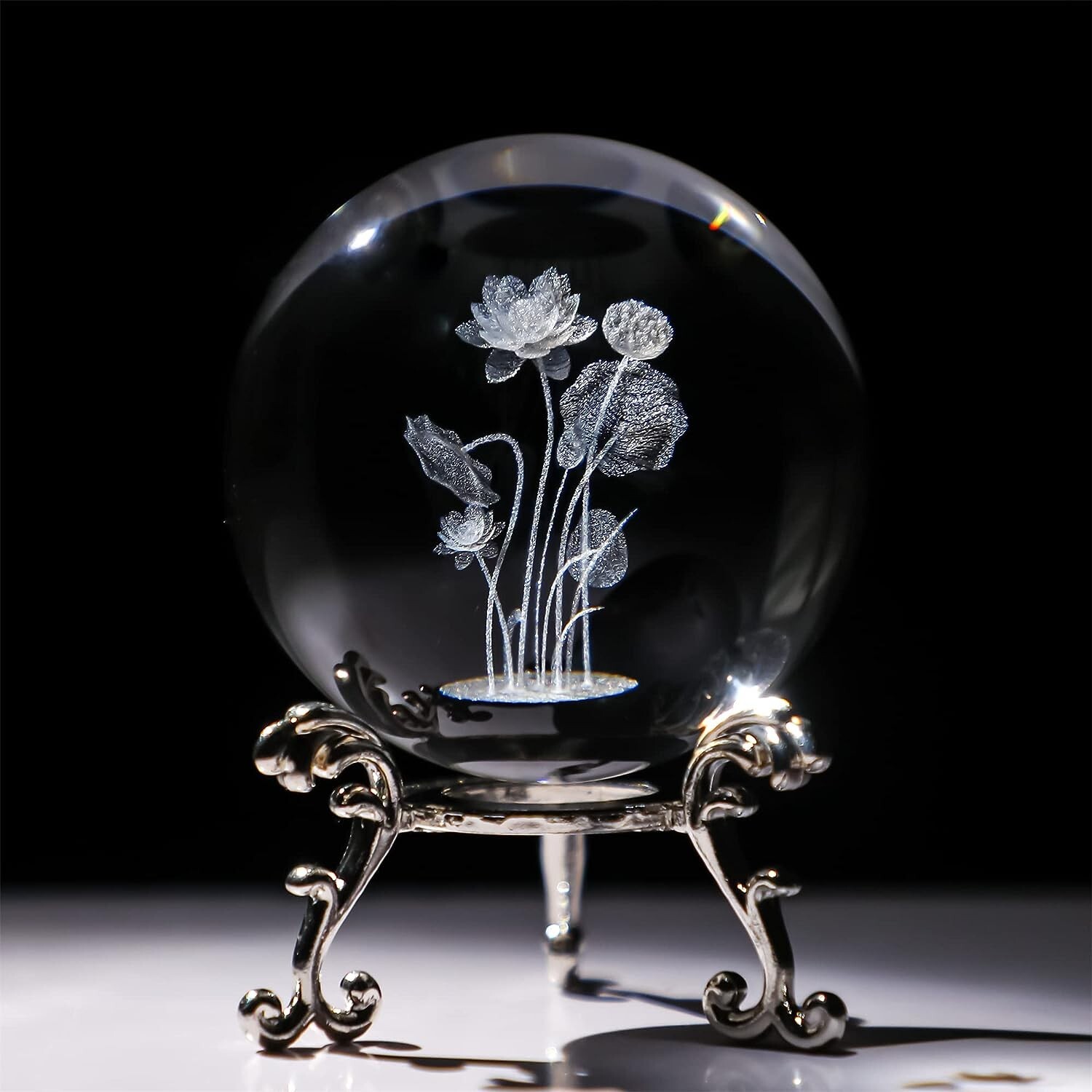 =3D Engrving Crystal Lotus Flower Figurine Crystal Ball 2.36 x 2.05 x 1.1 inches