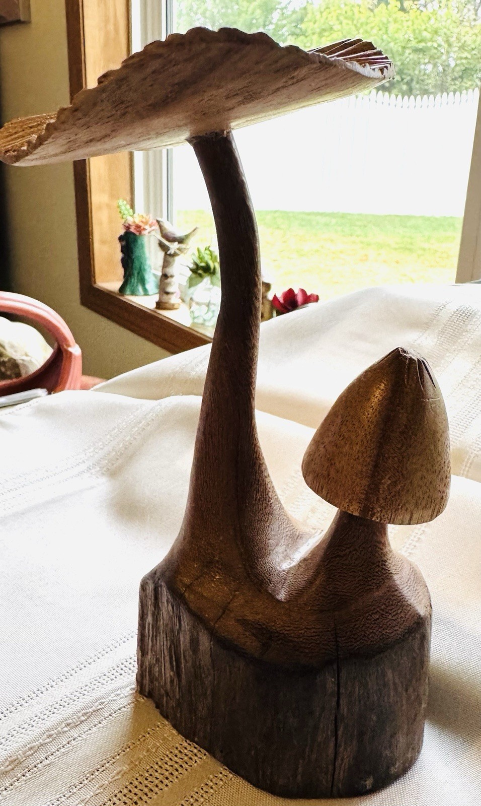 Exotic Mushroom Miniature 7.25” Handmade Sculpture Wood Carving Home Table Decor