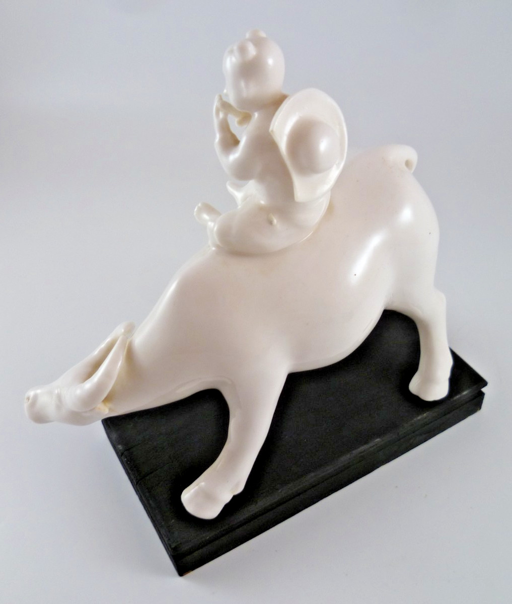 Pair 2 Chinese Blanc de Chine Porcelain Figurine Boy Flute Water Buffalo Read