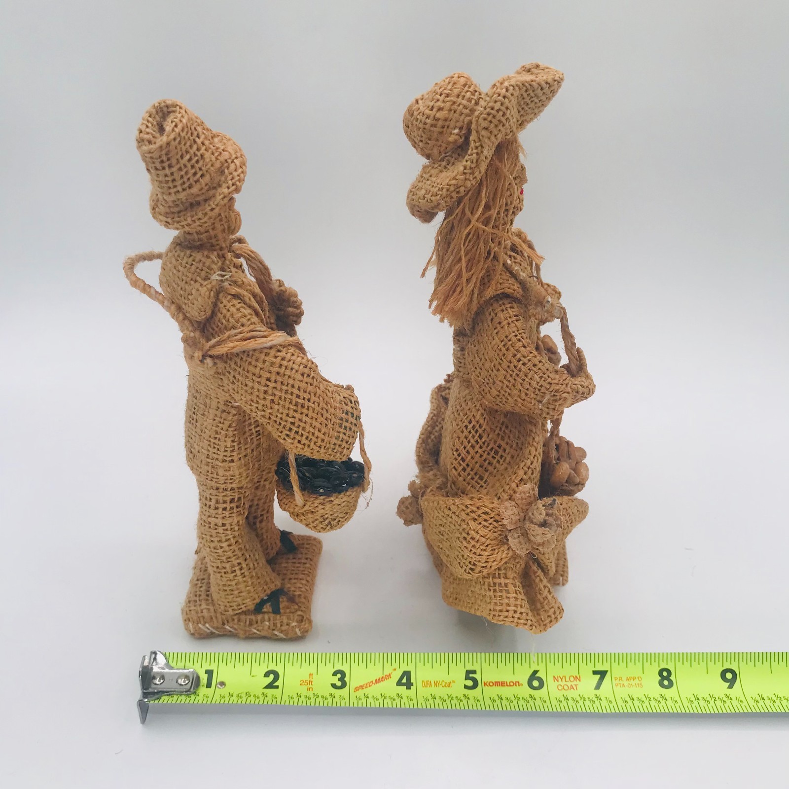 Vintage Burlap Peasant Man & Woman Carrying Produce Figurines Primitive Folk Art