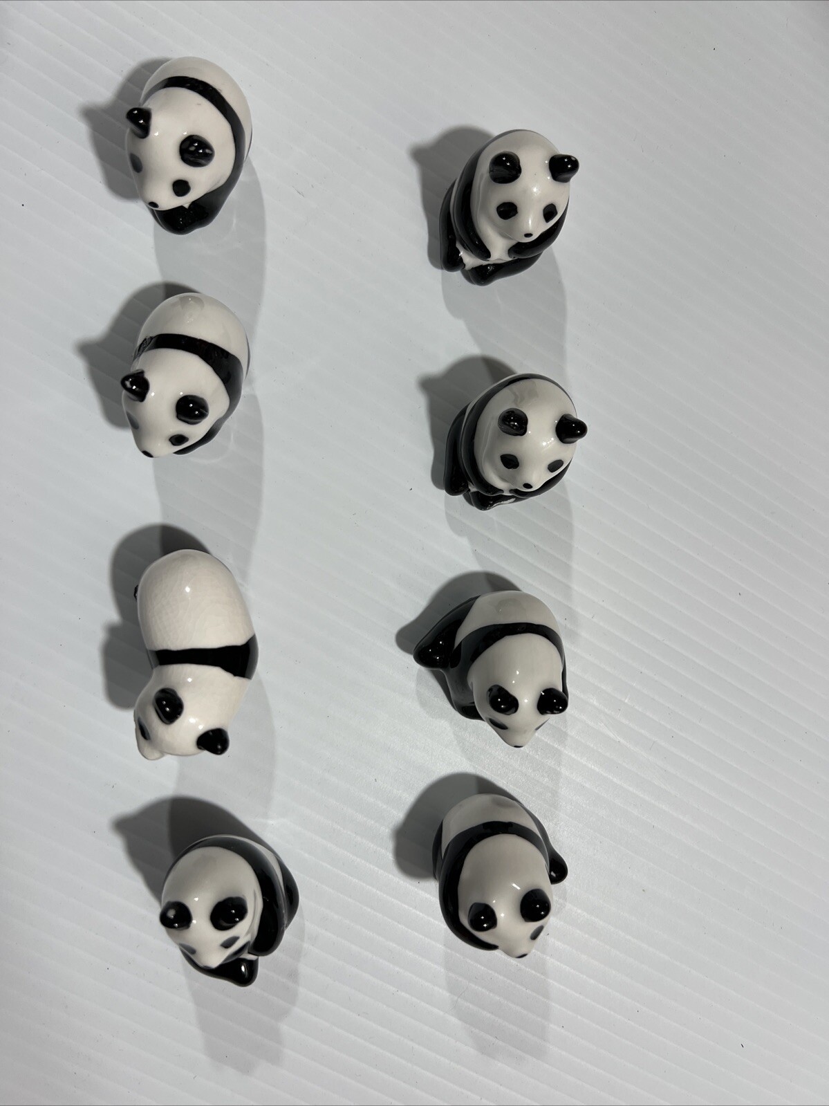 8 Panda Bear White Black Ceramic Glossy Figurines 1.75in – 2in Tall