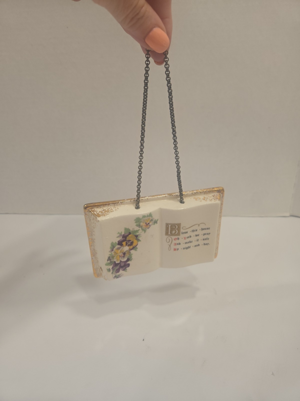 Vintage Ceramic Open Book BLESS THIS HOUSE Flowers Gold Trim Christian Religious