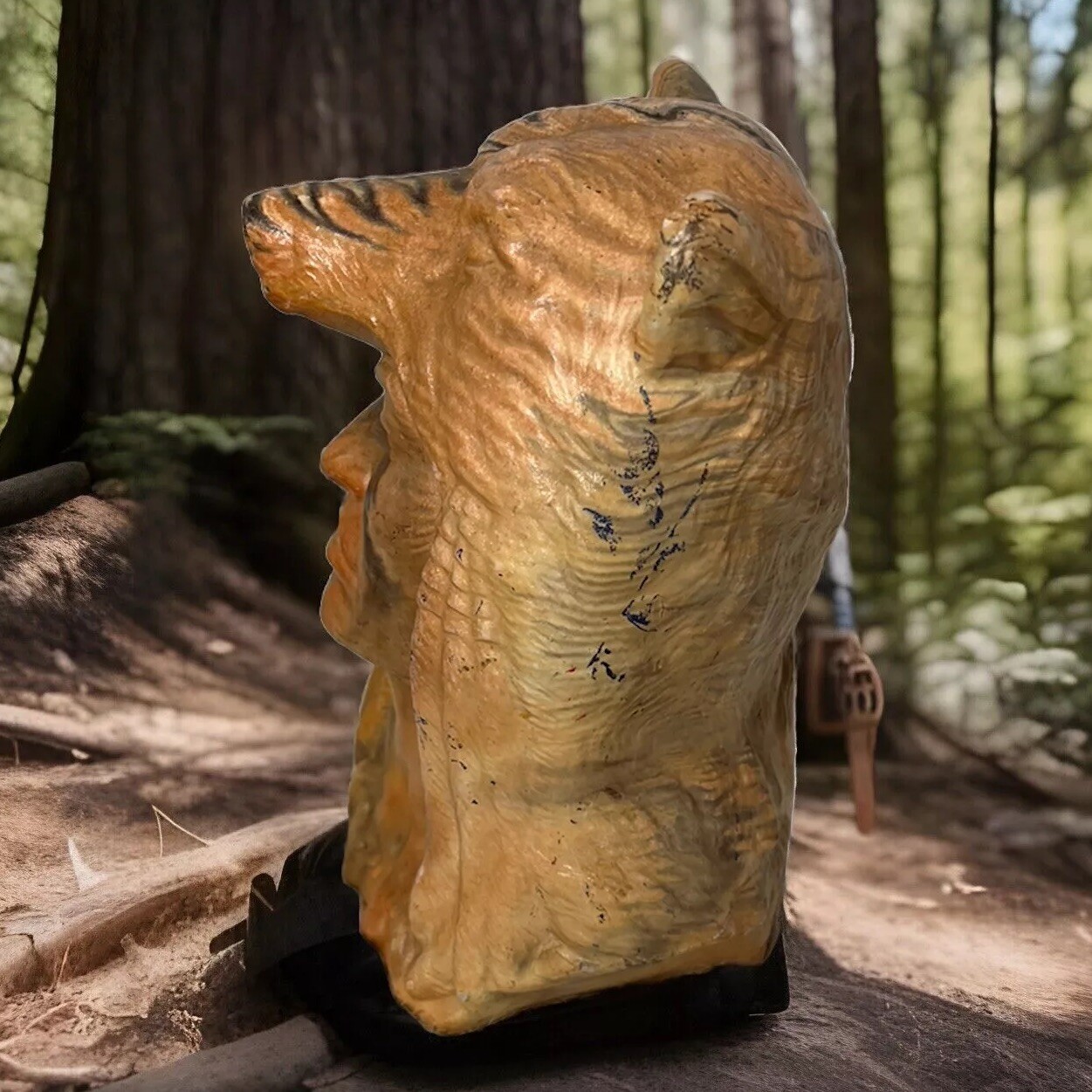 Vintage Native American Chief Bear Head Bust Statue Swirl Layered Clay Resin