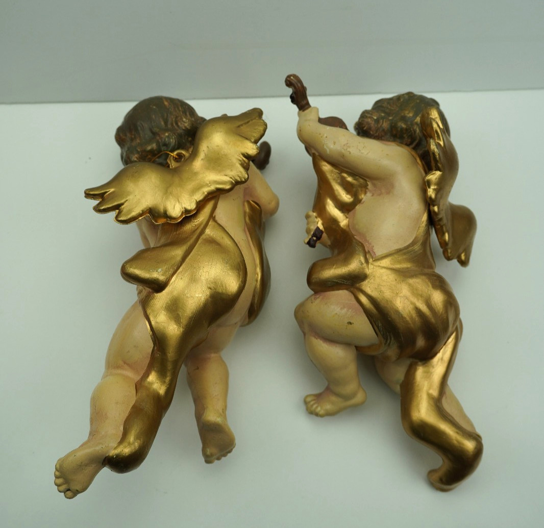 Vintage 10” Musical Cherub Wall Plaques Pair Gold Gilt Angel Putti Ornament Set