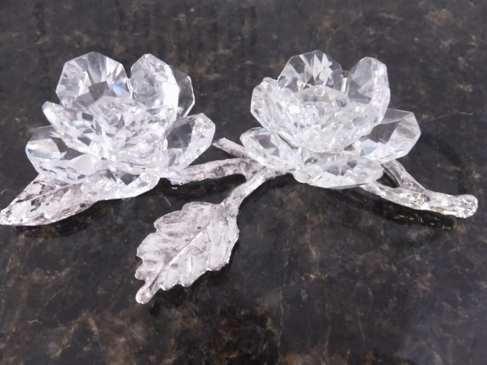 Swarovski Crystal Double Rose 4″ with silver metal stem & leaves. Made in Italy