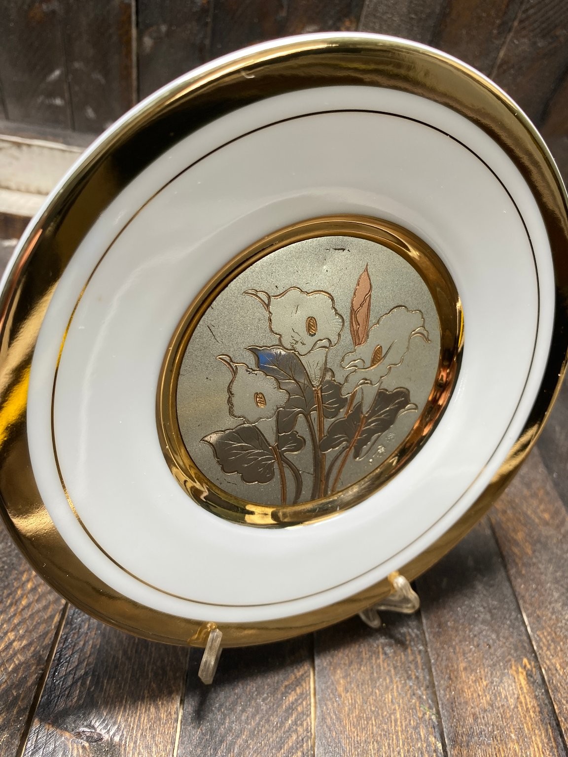 The Art of Chokin Collector Plate Floral Calla Lily 24K Gold Edged 6in