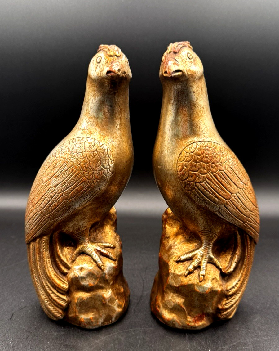 Vtg Italian Borghese Pair of Partridge Figurines Statues Gold Chalkware 9 1/2″ T
