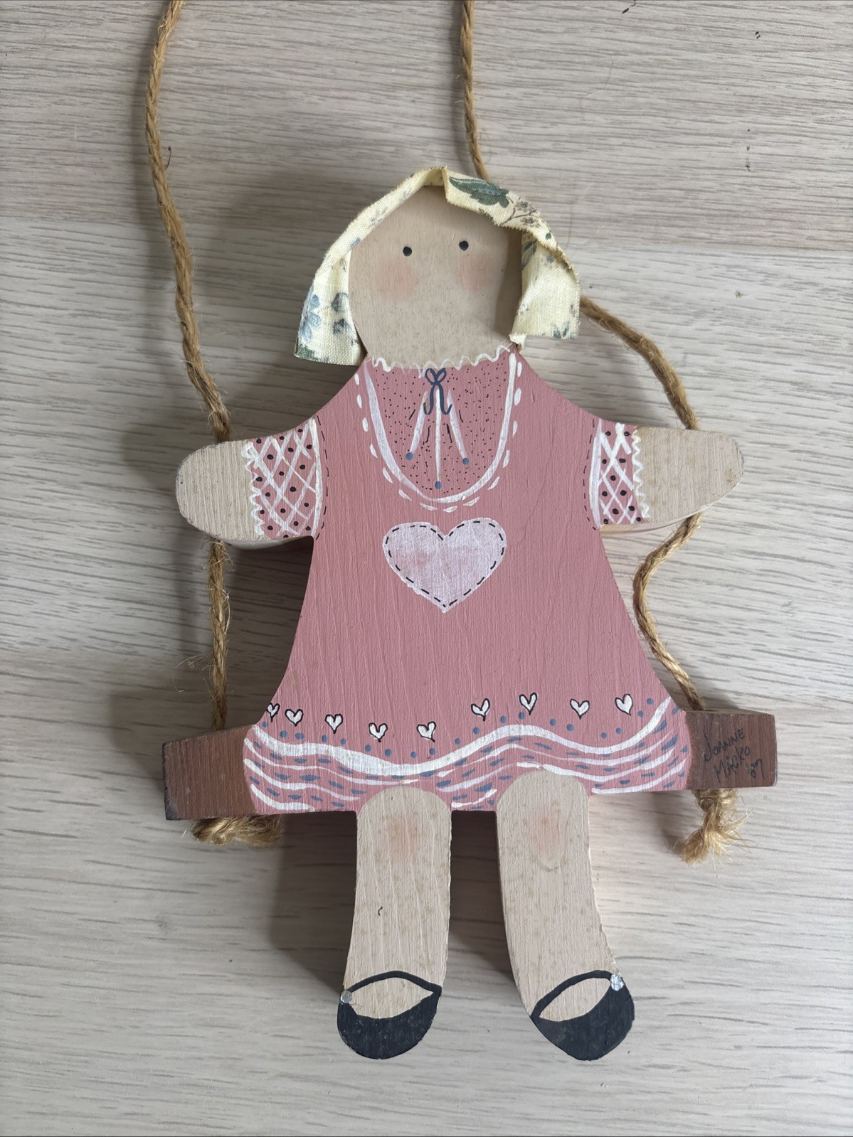 Vintage Hand Painted Folk Art Wooden Girl on Swing Wall Hanging Cottage Decor 87