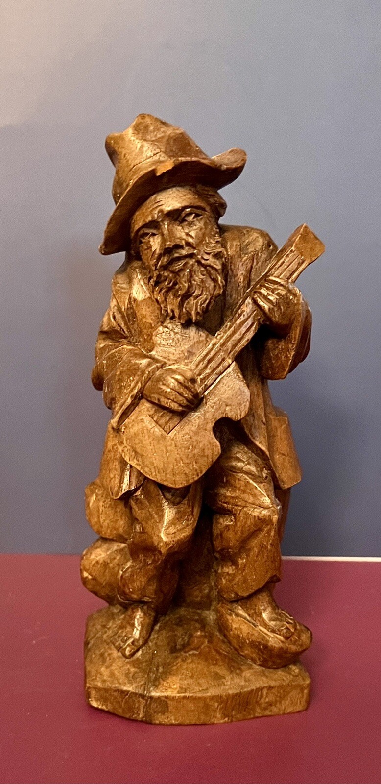 Vintage Hand Carved Folk Art Barefoot Traveling Old Man With Guitar