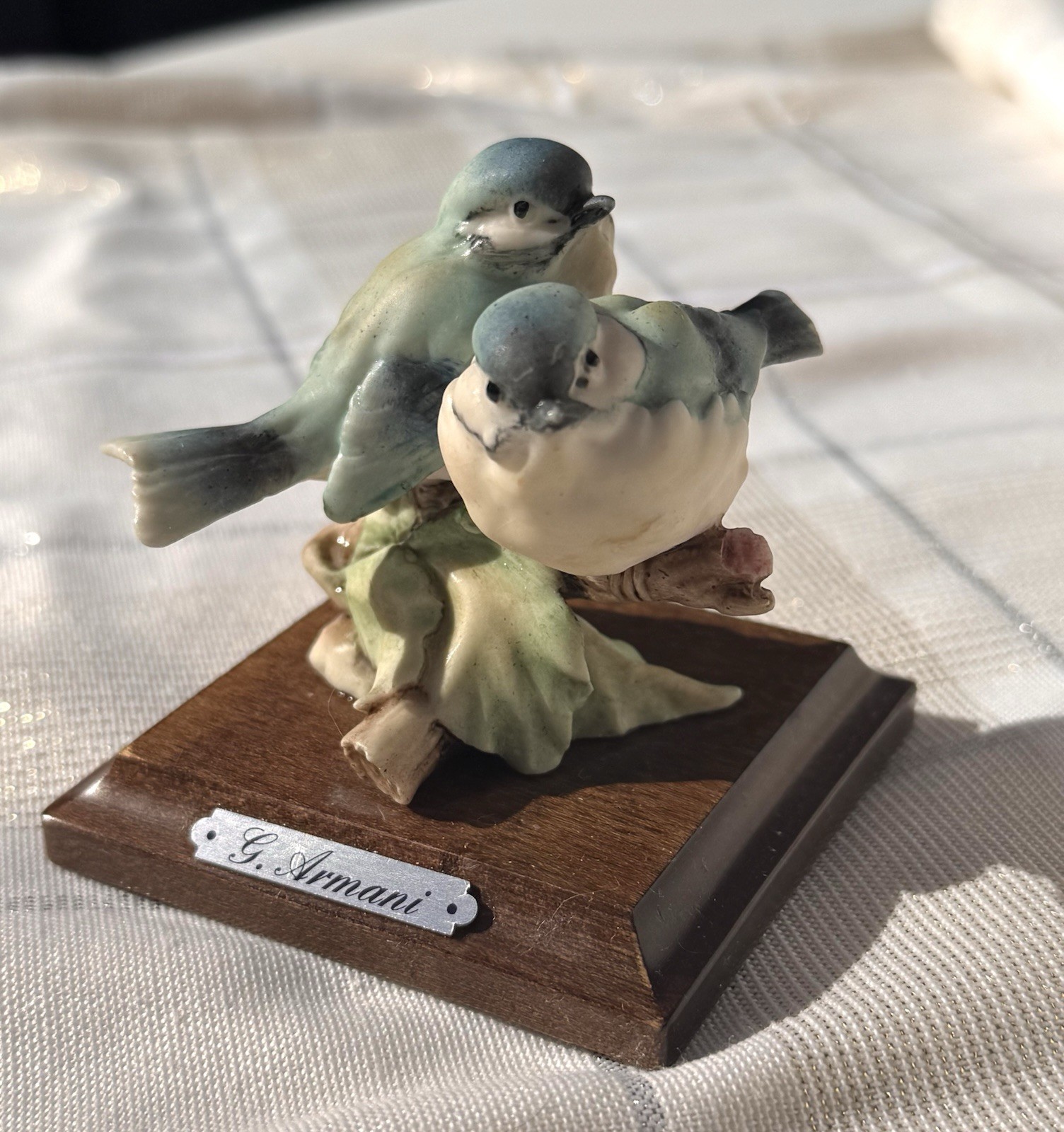 G. Armani Porcelain Painted Signed Bird Figurine Wooden Base Florence 1980s