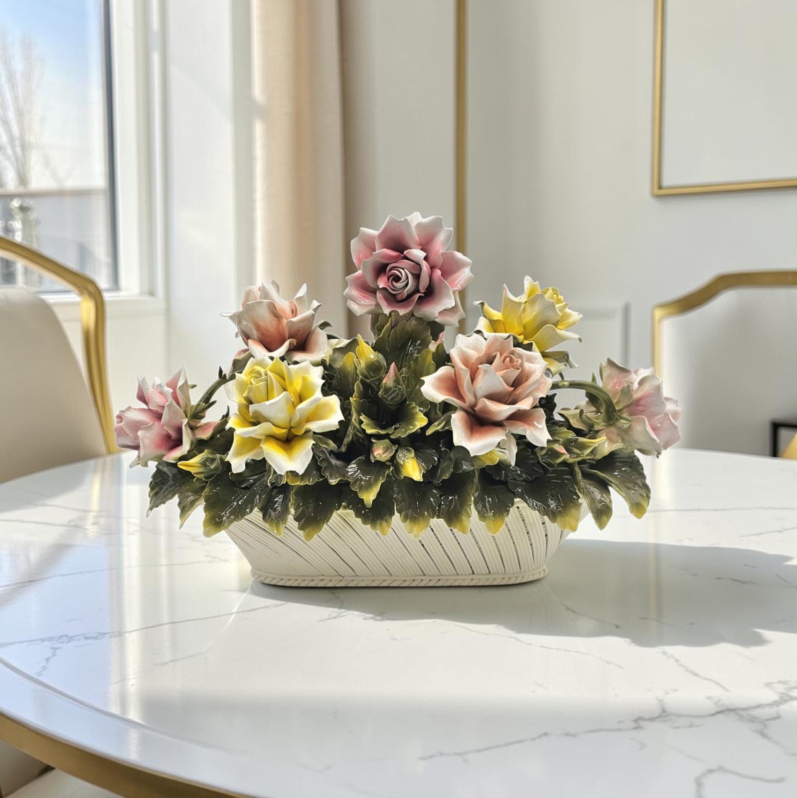 Vtg Large Italian Porcelain Rose Bouquet Basket Centerpiece Capodimonte 22.5”