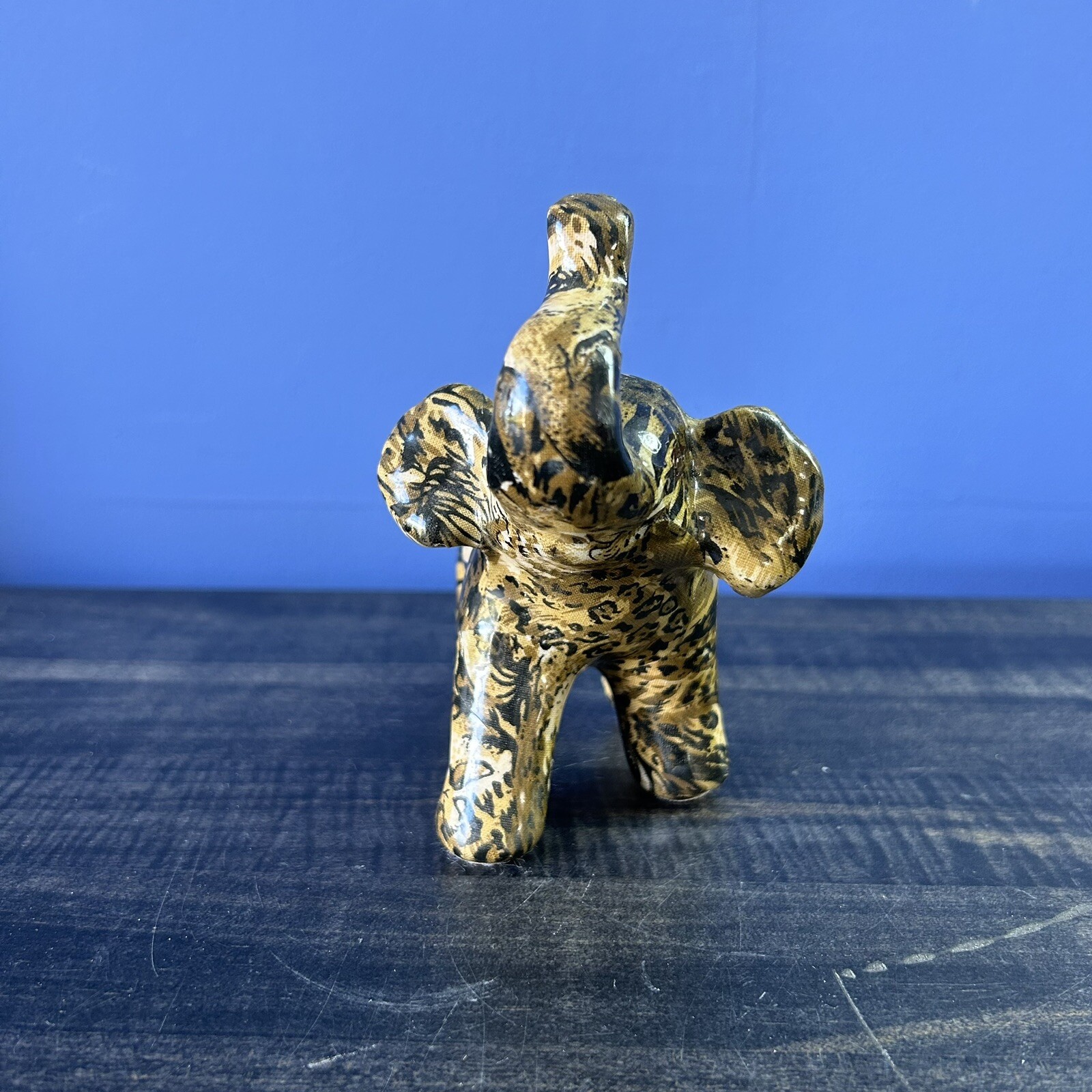 Elephant Trunk Up Figurine Glazed Animal Print Safari Fabric 5″ Decor La Vie