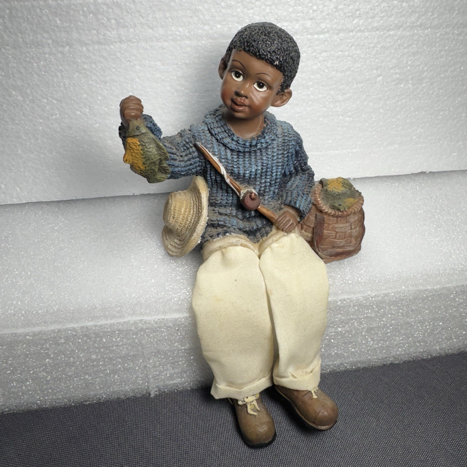 Black/African American Boy Shelf Sitter Fish Fabric Dangling Legs Resin Fishing