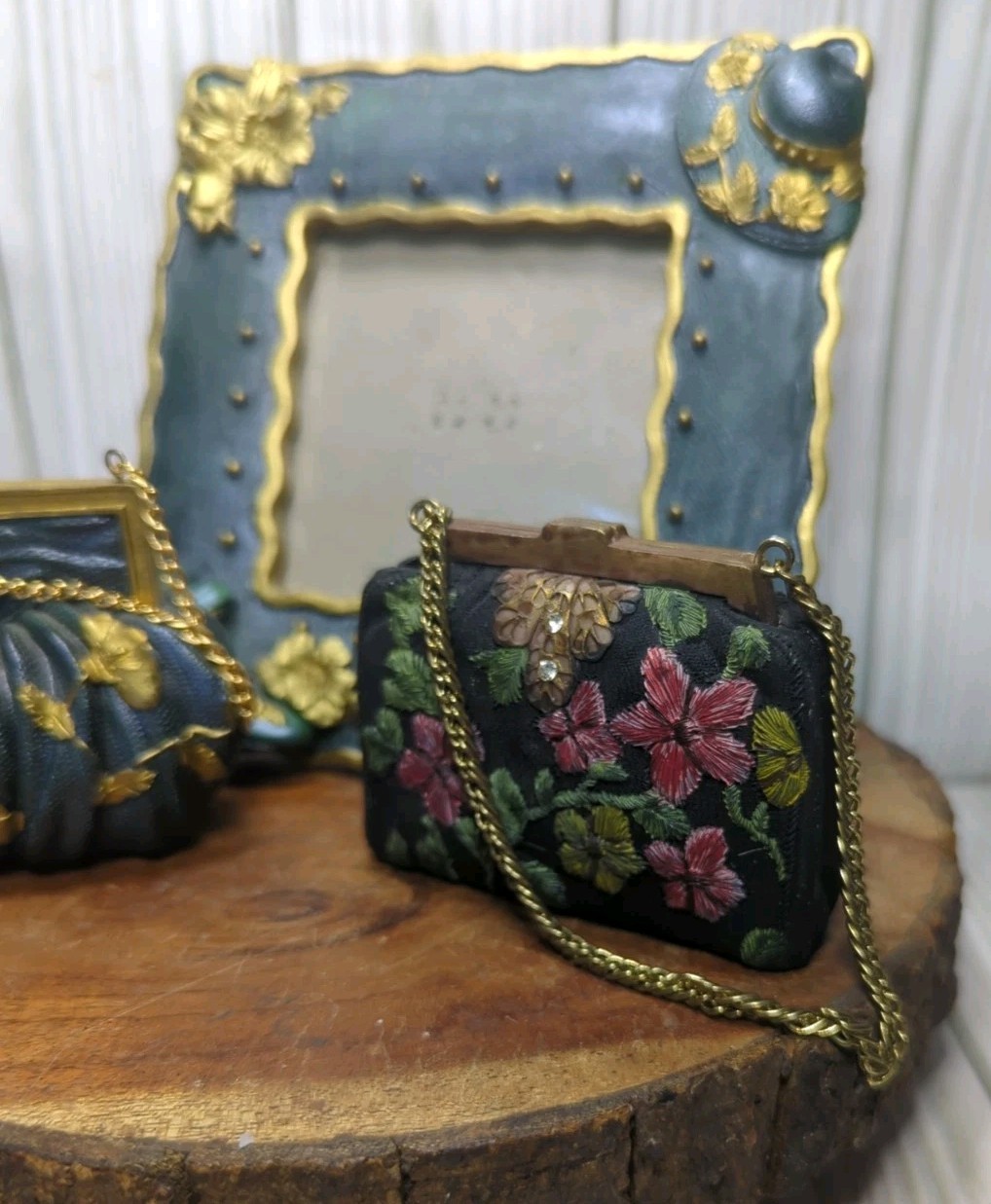 Vintage Mixed Lot Of 3 Vanity Set – Frame and Clutches – Floral Theme Miniature