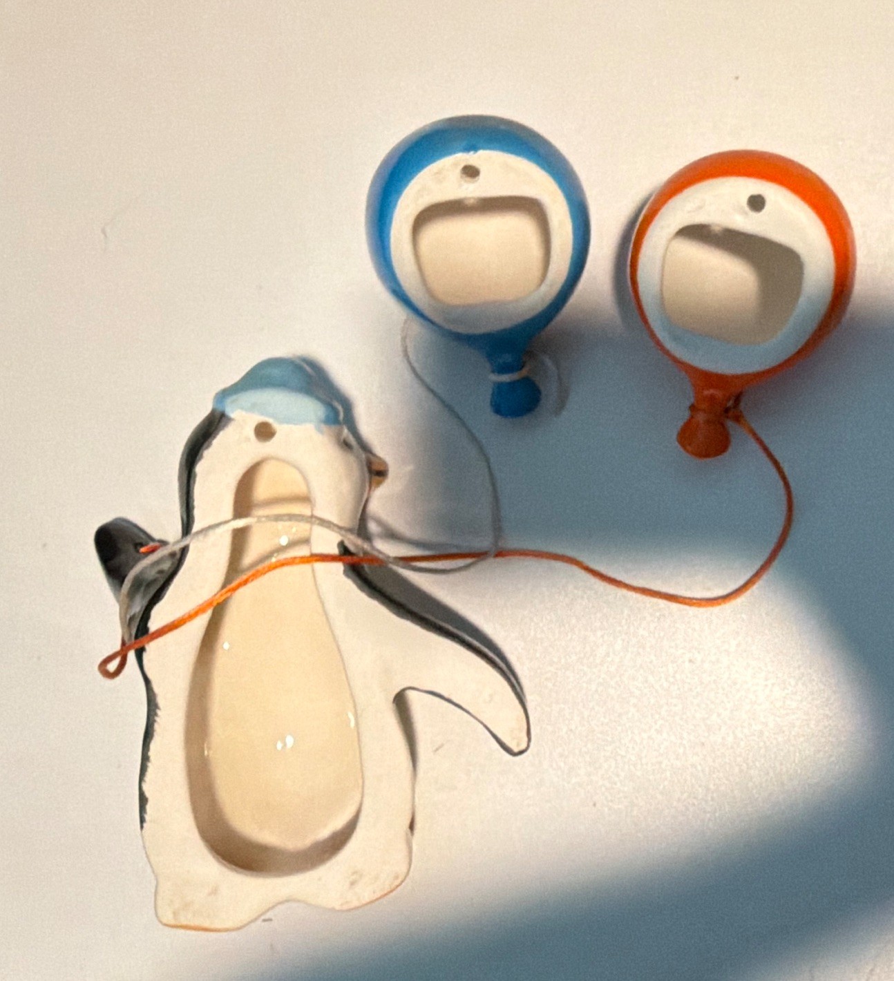 Vintage Ceramic Hanging Penguin Figurine w/ Blue & Orange Balloon